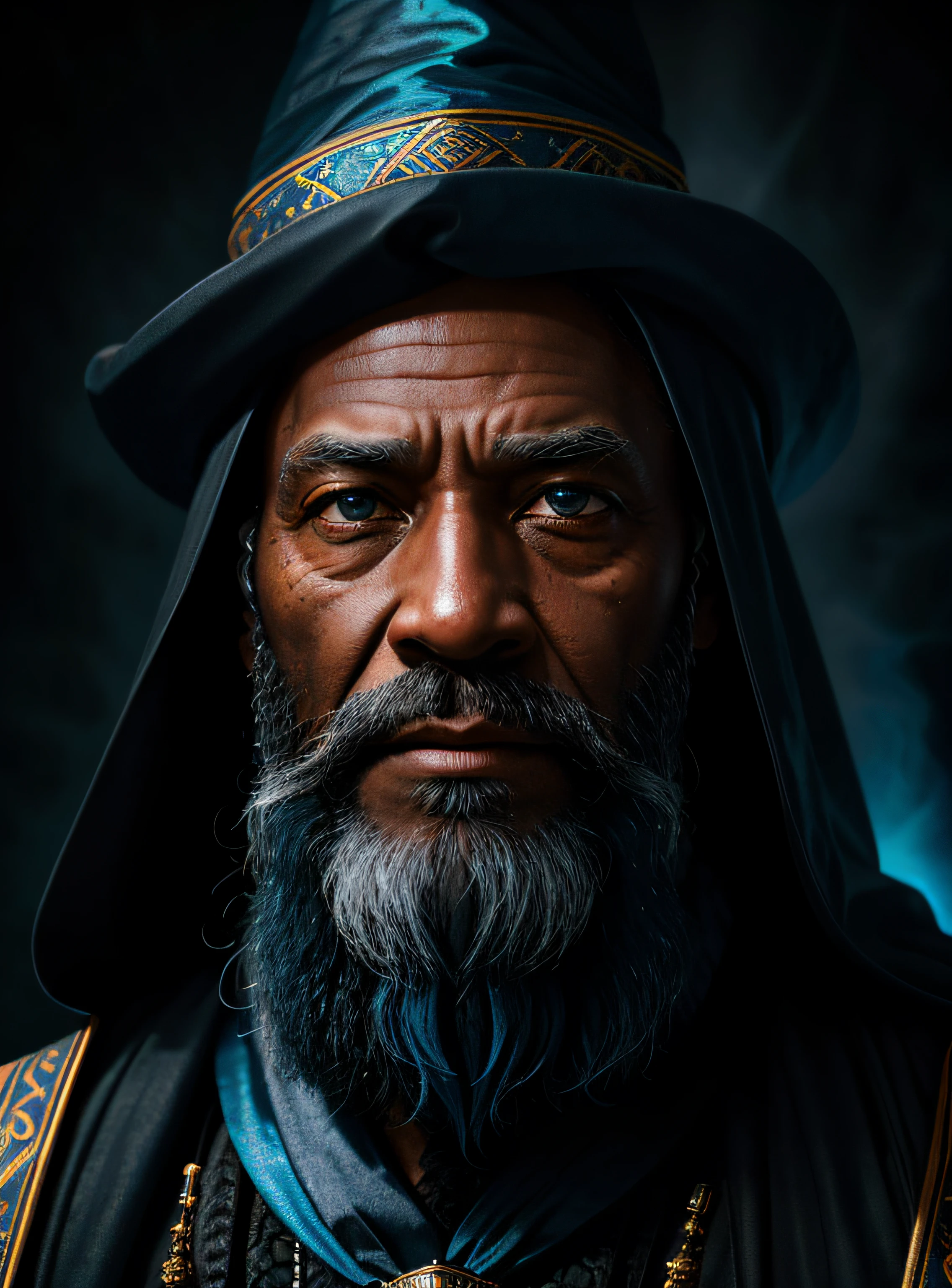 A symmetric portrait of a black wizard, bearded, wrinkled, weathered, with piercing blue eyes, detailed face, high details, photography, dark studio, rim light, Nikon D850, 50mm, f/1.4