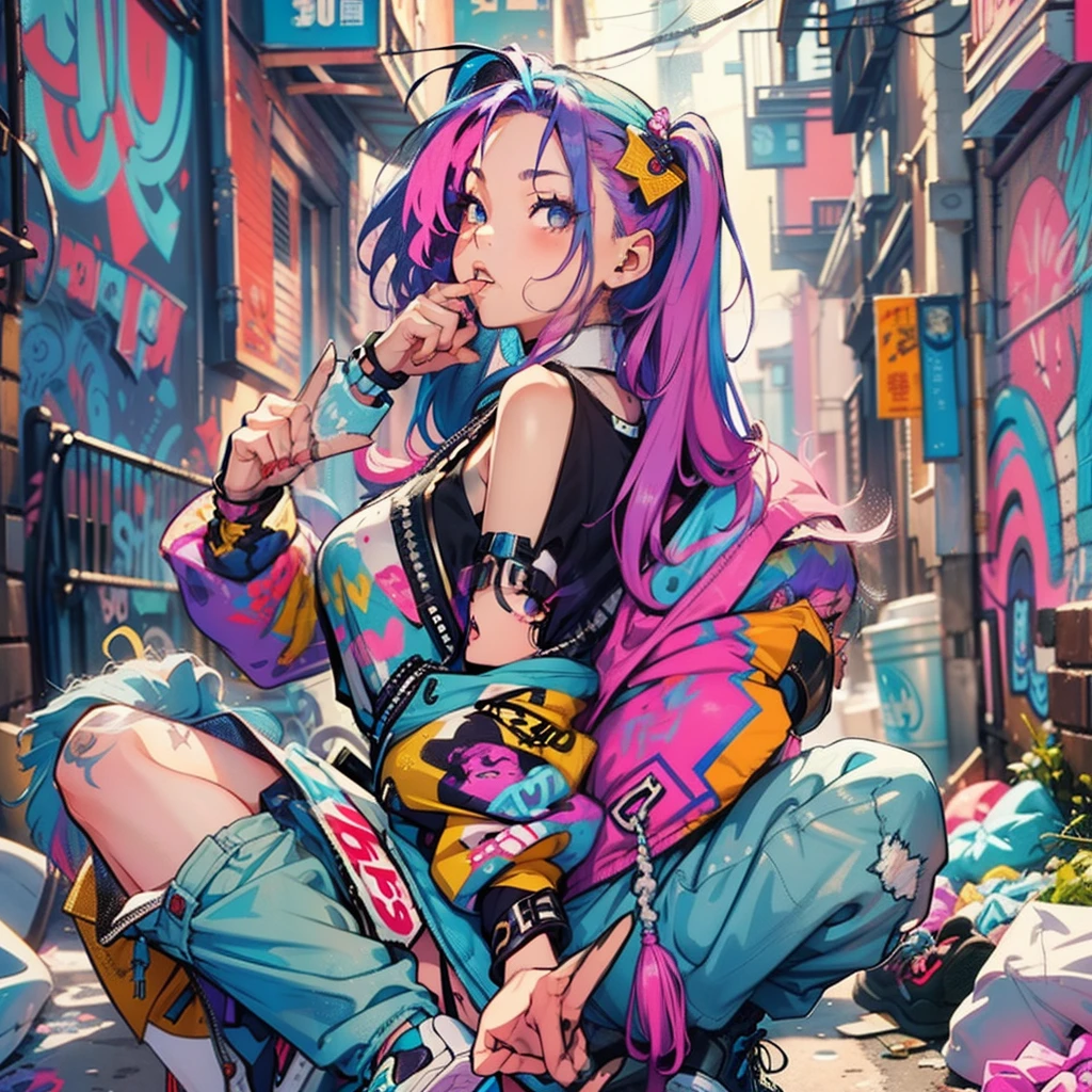 One Girl In A Back Alley、(Super Detail)、(8K)、((Hip Hop Fashion))、(full body Esbian)、(Fashion of the 90s)、(Brilliant limbs)、(Delicately drawn figures)、(Back alley decorated with graffiti)、tobacco、(Women's Fashion)、(Colorful and pop design)、(Around the back alley)、(Iconic art and posters of the 90s)、(Middle Finger)、Female facial expressions、(the pose)、(Spirit of the times)