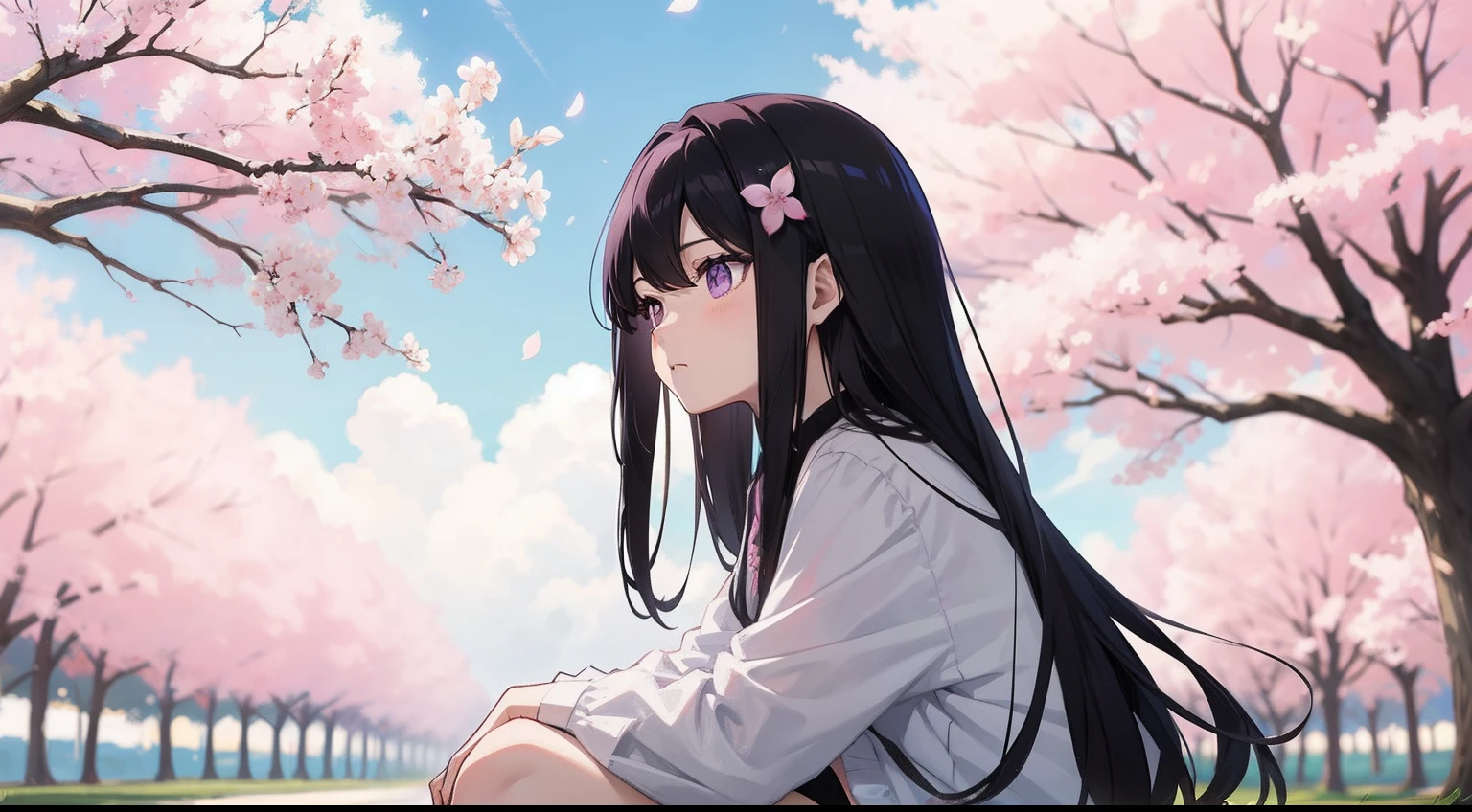anime style photo of spring vasu, anime girl with long black hair and purple eyes, with a wistful expression under the cherry blossom tree, sitting, looking afar, looking at the clouds