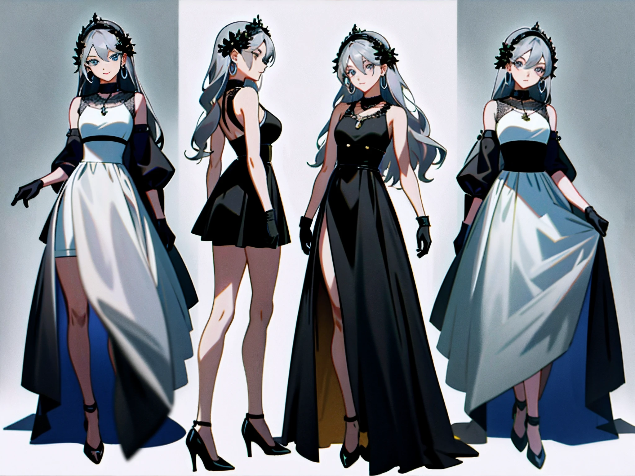 Masterpiece: 1.6, best quality: 1.4, live image: 1.2, intricate details: 1.2, charturnerv2: 1.2, 1lady full body character change,
Appearance: milf: 1.25, thin: 1.3, light blue eyes, medium breasts, detailed eyes, quality eyes,
Clothing: black sleeveless dress, black gloves
Accessories: simple hoop earrings, black necklace, small flowers in the hair,
Hair: silver hair, long hair, semi curly hair,
Makeup: natural, shiny skin,
(single background, white background: 1.3), multiple views, multiple views of the same character in the same outfit: 1.3.