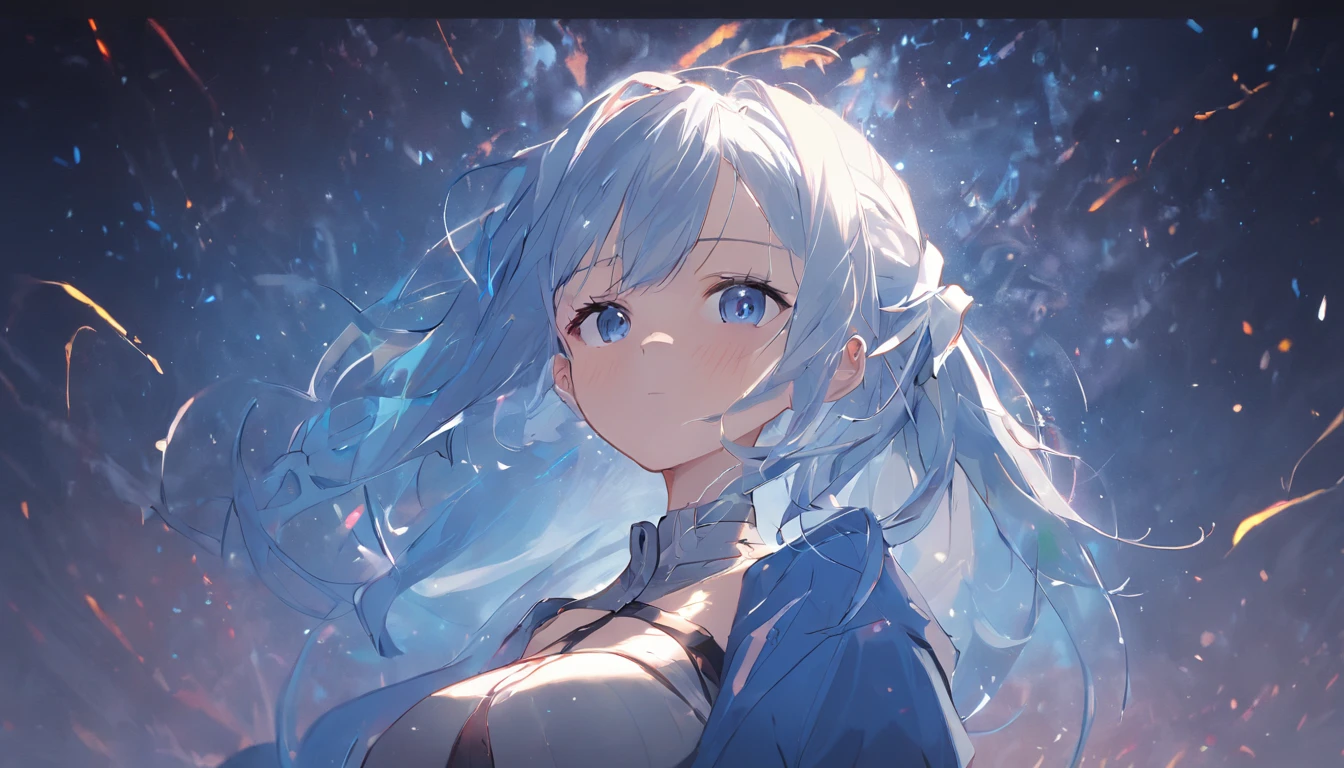 Blue lighting,top Quority,Resolution of 8K,tmasterpiece:1.3,Clear focus:1.2,1个Giant Breast Girl,delicated face,二重まぶた,largeeyes,Sexy expression,Perfect anatomical physique,Beautiful Women with Perfect Figure:1.6,Big breasted 1.7,long white hair,Bigchest:1.8,Armor,big sword,magia,1080p,hyper HD,textureskin,super detailing,best qualtiy,high detal,high high quality