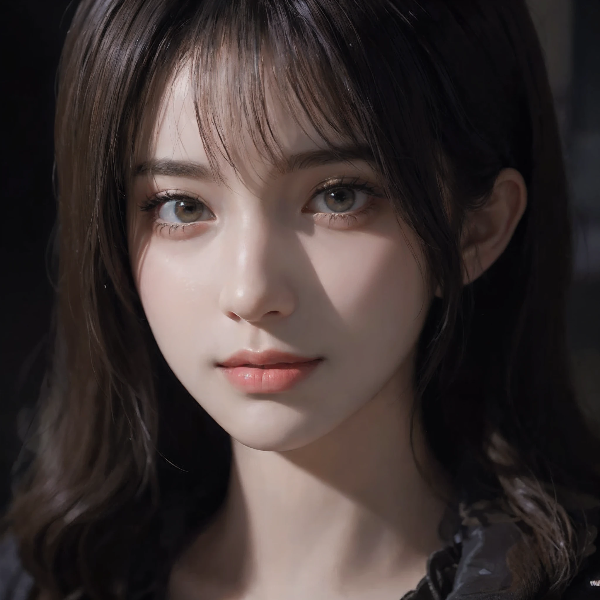 1girl in, star eye, blush, Perfect Illumination, Distinct, Red Eyes, Unreal Engine, side lights, Detailed face, Bangs, bright skin, Simple background, Dark background,