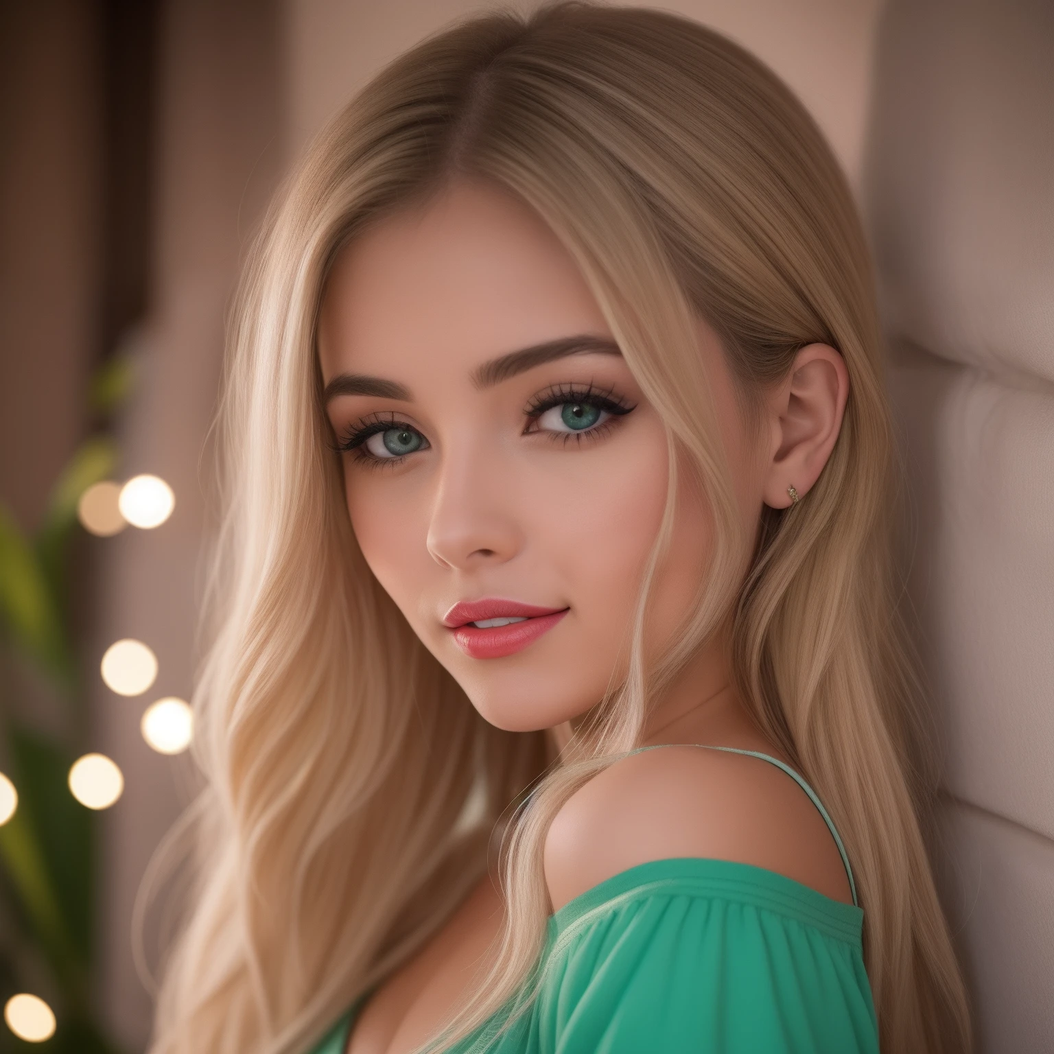 Uma mulher jovem e bonita, blonde hair that falls gently in waves up to the shoulders, altura mediana, olhos grandes e verdes, pele clara, she's in her pyjamas, ela esta em sua cama, fazendo cuidados com a pela antes de dormir, The environment is illuminated with lights of warm and pleasant colors making your hair shine, seu semblante esta naturalmente sereno, lips with red lipstick, Textura 8K, altamente detalhados, realista, soft Cinematic Light, HDR, sharp fokus, obra-prima, fotorrealista, fotografia premiada, Canon EOS R5, 35 mm