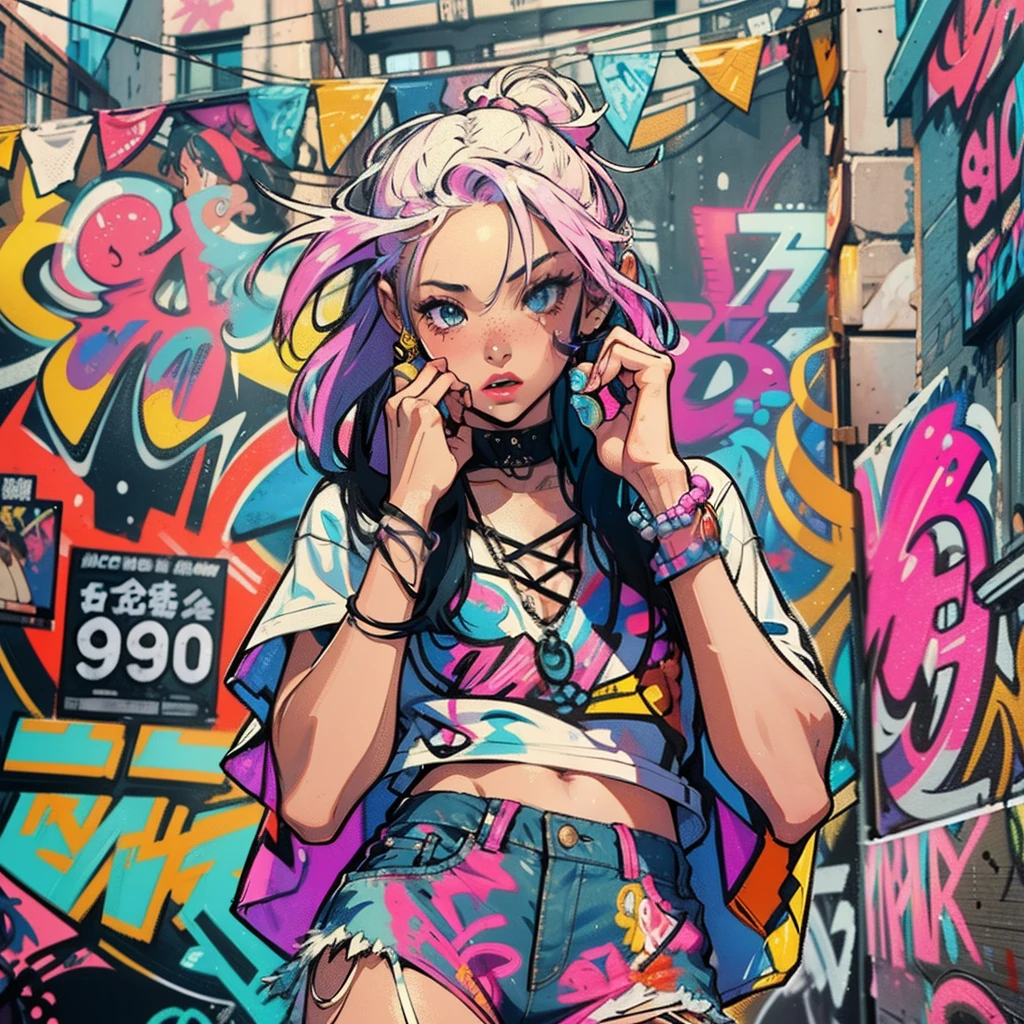 One Girl In A Back Alley、(Super Detail)、(8K)、((Hip Hop Fashion))、(full body Esbian)、(Fashion of the 90s)、(Brilliant limbs)、(Delicately drawn figures)、(Back alley decorated with graffiti)、tobacco、(Women's Fashion)、(Colorful and pop design)、(Around the back alley)、(Iconic art and posters of the 90s)、(Middle Finger)、Female facial expressions、(the pose)、(Spirit of the times)