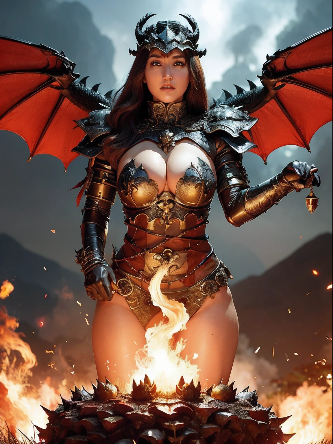 Professional , ​masterpiece、top-quality、photos realistic , depth of fields 、（Dragon Black Metal Body:1.９),(Mattretto、（cleavage of the breast）、Dragon Gold Weapon、（Micro Bikini Armor:1.４),Gorgeous gold weapons ,Particles of light、Particles of light、（（ Dragon's dense and gorgeous sword）） , （demonic wings）、（（a blond））、（Castle background）、Fight dragons、（（Gangle's forest background））、Take intense poses、Beautiful Caucasian beauty、１a person、dynamic ungle,(((Detailed and ornate dragon helmet)))、Smaller head、A smile、Castle background、Thin and beautiful female hands、cleavage of the breast、Soldier in iron armor on background、Mystical expression、Light Effects、intense fighting、Wind-effect、magic circles、With the legendary magic wand、Dragon's tail、explosions、