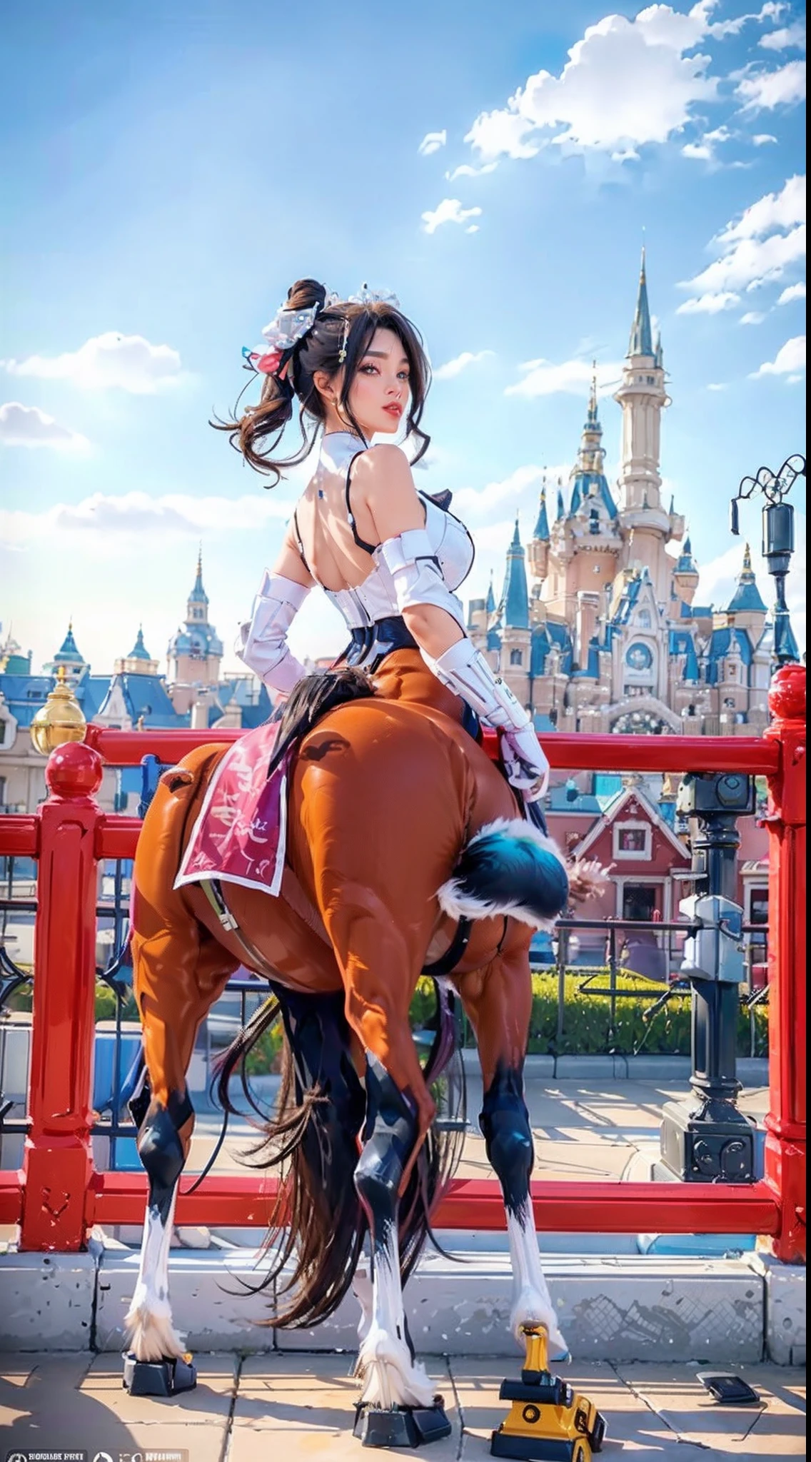 In a very grand scene，The extra-large wide-angle lens captures the appearance of a female centaur。She is tall，It has the ultimate curvy beauty，The muscles are slender and firm，Beautiful lines。Her facial features are tough and coquettish，Always with a sunny smile。She wears special tight-fitting equipment with a strong sense of technology，Step on multifunctional off-road style heels，Delicate and practical protective gear is worn on the hands, feet, wrists, neck and shoulders。The detection equipment around you flashes various cue lights and neon-like information screens，Let her exude a charming brilliance。Use Midjourney's advanced tools，Design special tight-fitting equipment for female centaurs，Highlight her unique physiological characteristics and appearance details，Add realism。And in her adventure scene，Spectacular views of nature，Such as the sky where storms and sunny days alternate、Brilliant rivers of stars and auroras、The snow-capped summit of Mount Everest、Fireworks in the mountain town, etc。ao mesmo tempo，Away from the hustle and bustle of Long Beach Pier is a neon-lit spaceship docked，Create a fantastic scene。Use Midjourney's advanced tools and multiple color palettes、Brush Strokes、Texture tools and model packages，It shows a sense of atmosphere where beauty and charm coexist。The charm of the female centaur is highlighted through color and lines，Enhance realism with detailing，Create a surreal dreamy feeling。Additionally，Use Midjourney's tools to add a variety of extreme sports gear and cultural trinkets to the female centaur，Create intricate hairstyles and outfits，Give her a sense of premium。She never flinches，Regardless of the terrain，can respond quickly，Even the extreme geography and dangerous terrain of aliens cannot stop her。Use Midjourney's powerful tools，You can do it with incredible detail and beauty，Bring this ultra-grand and beautiful scene to life。Ultra-grand scenes，super wide shot， hdr，（真实感，Masterpiece quality，best qualtiy），