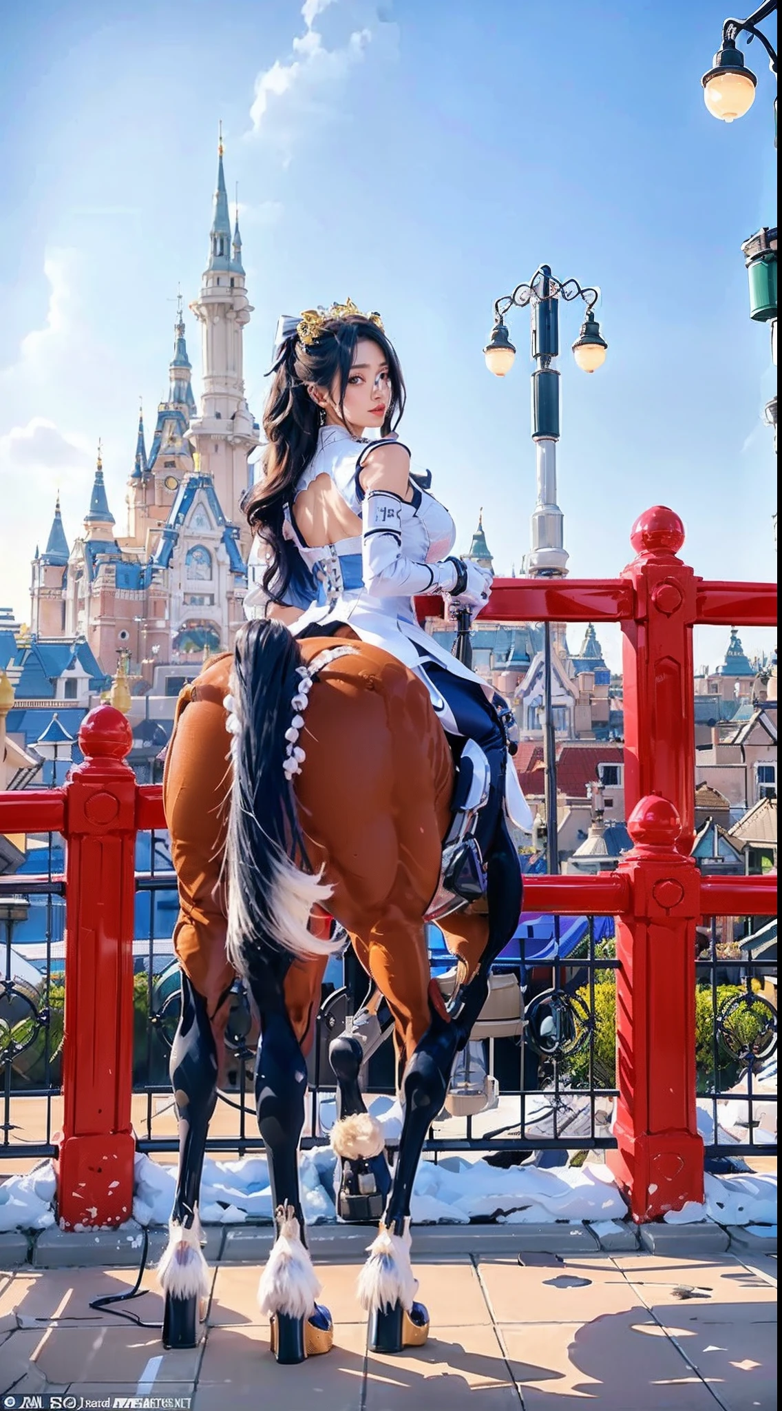 In a very grand scene，The extra-large wide-angle lens captures the appearance of a female centaur。She is tall，It has the ultimate curvy beauty，The muscles are slender and firm，Beautiful lines。Her facial features are tough and coquettish，Always with a sunny smile。She wears special tight-fitting equipment with a strong sense of technology，Step on multifunctional off-road style heels，Delicate and practical protective gear is worn on the hands, feet, wrists, neck and shoulders。The detection equipment around you flashes various cue lights and neon-like information screens，Let her exude a charming brilliance。Use Midjourney's advanced tools，Design special tight-fitting equipment for female centaurs，Highlight her unique physiological characteristics and appearance details，Add realism。And in her adventure scene，Spectacular views of nature，Such as the sky where storms and sunny days alternate、Brilliant rivers of stars and auroras、The snow-capped summit of Mount Everest、Fireworks in the mountain town, etc。ao mesmo tempo，Away from the hustle and bustle of Long Beach Pier is a neon-lit spaceship docked，Create a fantastic scene。Use Midjourney's advanced tools and multiple color palettes、Brush Strokes、Texture tools and model packages，It shows a sense of atmosphere where beauty and charm coexist。The charm of the female centaur is highlighted through color and lines，Enhance realism with detailing，Create a surreal dreamy feeling。Additionally，Use Midjourney's tools to add a variety of extreme sports gear and cultural trinkets to the female centaur，Create intricate hairstyles and outfits，Give her a sense of premium。She never flinches，Regardless of the terrain，can respond quickly，Even the extreme geography and dangerous terrain of aliens cannot stop her。Use Midjourney's powerful tools，You can do it with incredible detail and beauty，Bring this ultra-grand and beautiful scene to life。Ultra-grand scenes，super wide shot， hdr，（真实感，Masterpiece quality，best qualtiy），