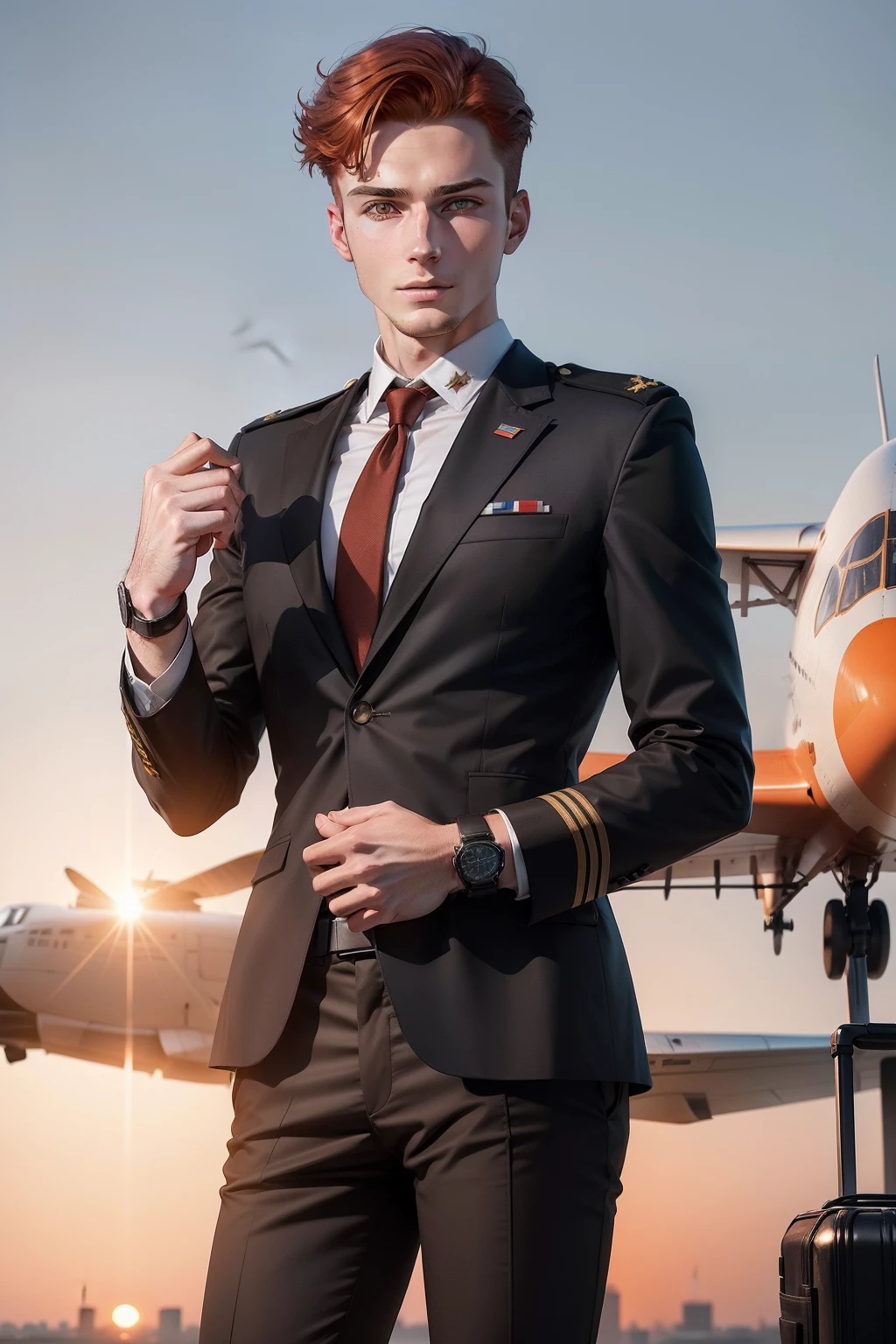 Ultra realistic, young Dictator in suit with a bunch of brooches looking into camera with an army of soldiers behind him and multiple fighter jets in the dark and gloomy sky