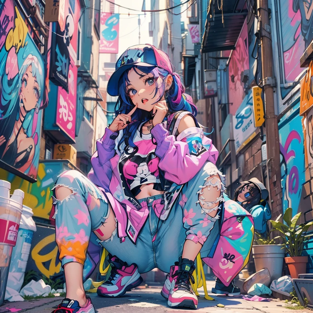 One Girl In A Back Alley、(Super Detail)、(8K)、((Hip Hop Fashion))、(full body Esbian)、(Fashion of the 90s)、(Brilliant limbs)、(Delicately drawn figures)、(Back alley decorated with graffiti)、tobacco、(Women's Fashion)、(Colorful and pop design)、(Around the back alley)、(Iconic art and posters of the 90s)、(Middle Finger)、Female facial expressions、(the pose)、(Spirit of the times)