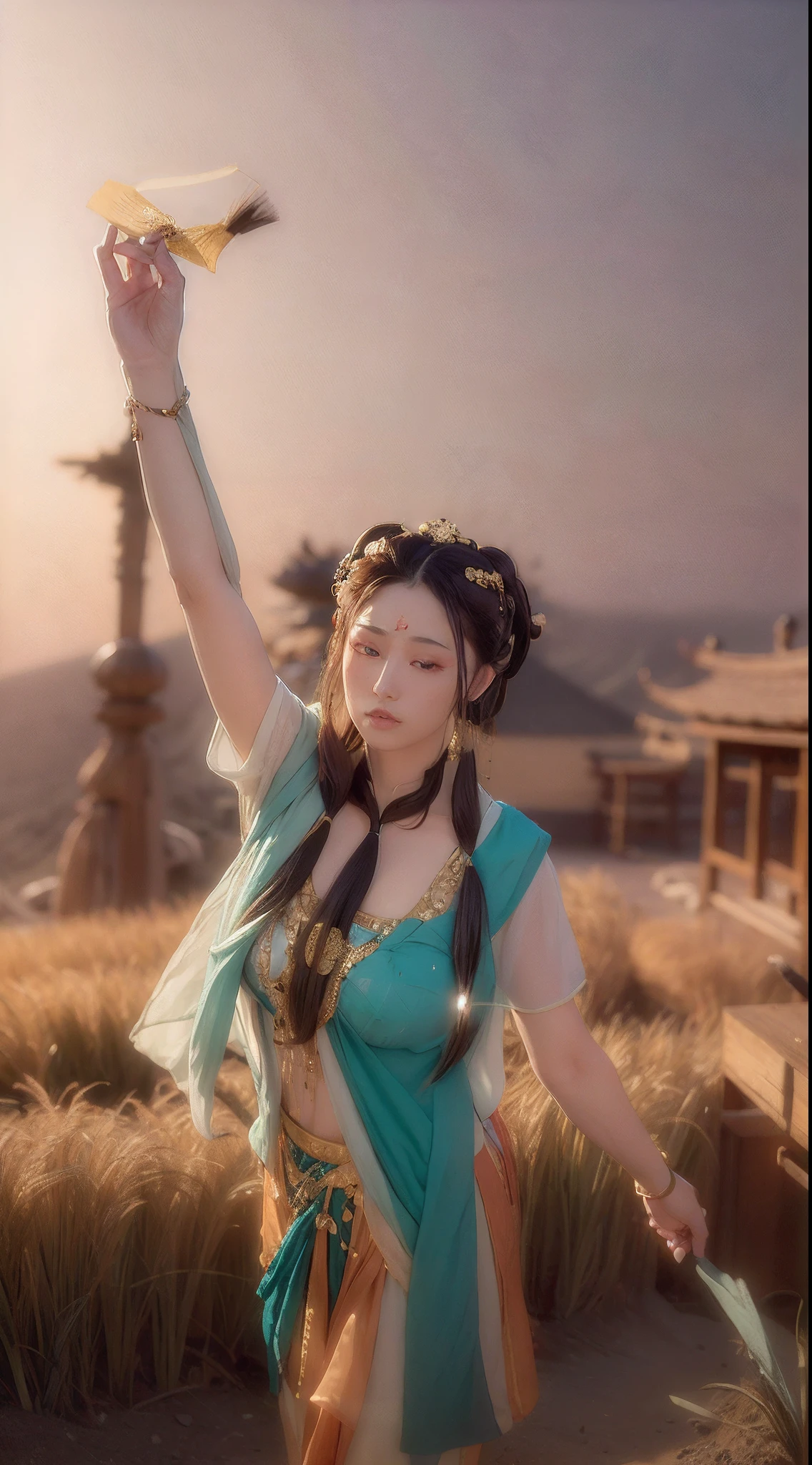 (4K, Best quality, A high resolution, absurderes, Masterpiece:1.21), (photographed, Realistic, Photorealistic:1.331), Detailed and intricate,
Natural lighting, in a panoramic view, shadowing, very wide wide shot,
1girll, (Adjust hair:1.3),
Clear face, Shy, Eye makeup, eye shadows, Long hair, Brown hair, (Authentic skin texture:1.3),
Narrow waist, Medium breasts, Upper body,
dunhuang_dress, dunhuang_Style,Hangfu,
reeds, wilderness,