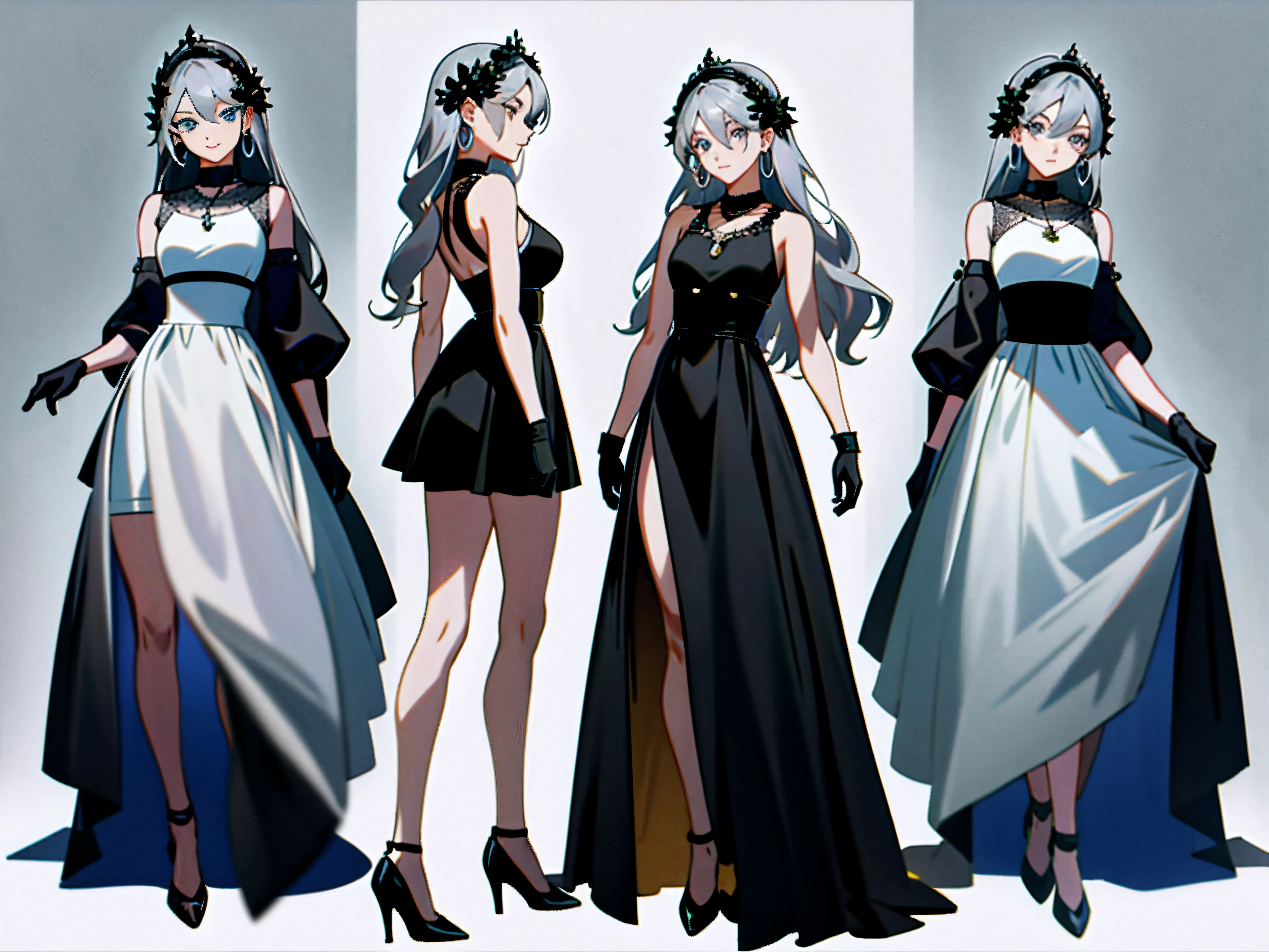 Masterpiece: 1.6, best quality: 1.4, live image: 1.2, intricate details: 1.2, charturnerv2: 1.2, 1lady full body character change,
Appearance: milf: 1.25, thin: 1.3, light blue eyes, medium breasts, detailed eyes, quality eyes,
Clothing: black sleeveless dress, black gloves
Accessories: simple hoop earrings, black necklace, small flowers in the hair,
Hair: silver hair, long hair, semi curly hair,
Makeup: natural, shiny skin,
(single background, white background: 1.3), multiple views, multiple views of the same character in the same outfit: 1.3.