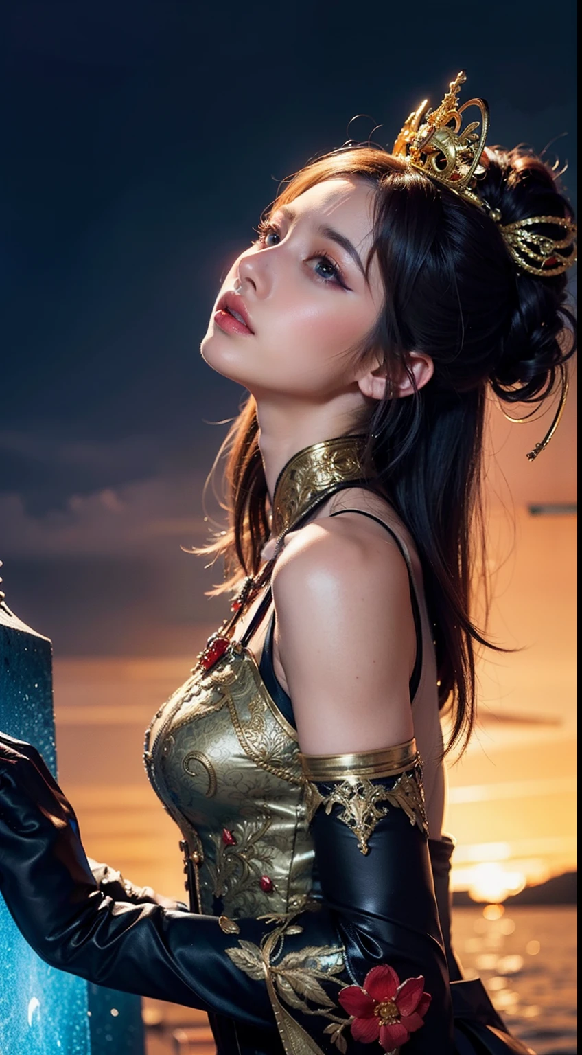 Full-length view, stunning beautiful Asia model, hyper-detailed eyes and face, extreme angle, perfect makeup. Art by Chrissy Zullo, illustrations characterized by a distinct mix of whimsical elements with darker undertones, with predominantly female characters in stylized form with elongated limbs, the work is highly detailed and uses a bold color palette, combining natural and fantastical elements, giving the characters a sense of an otherworldly, dreamlike quality, that captures the imagination and emotions of the audience. portrait, half body, back view,