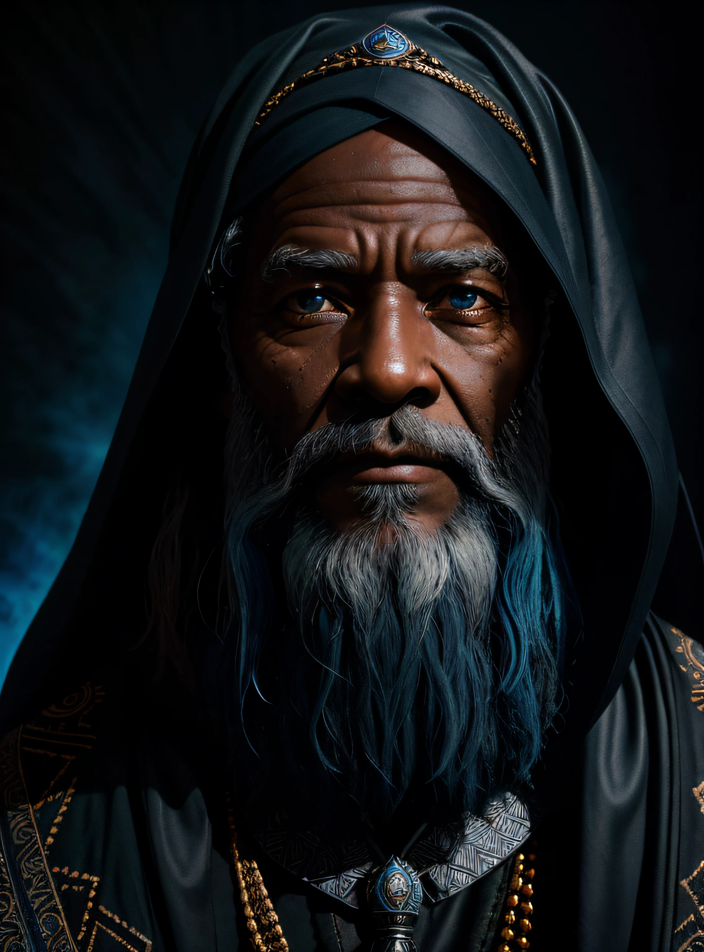 A symmetric portrait of a black wizard, bearded, wrinkled, weathered, with piercing blue eyes, detailed face, high details, photography, dark studio, rim light, Nikon D850, 50mm, f/1.4