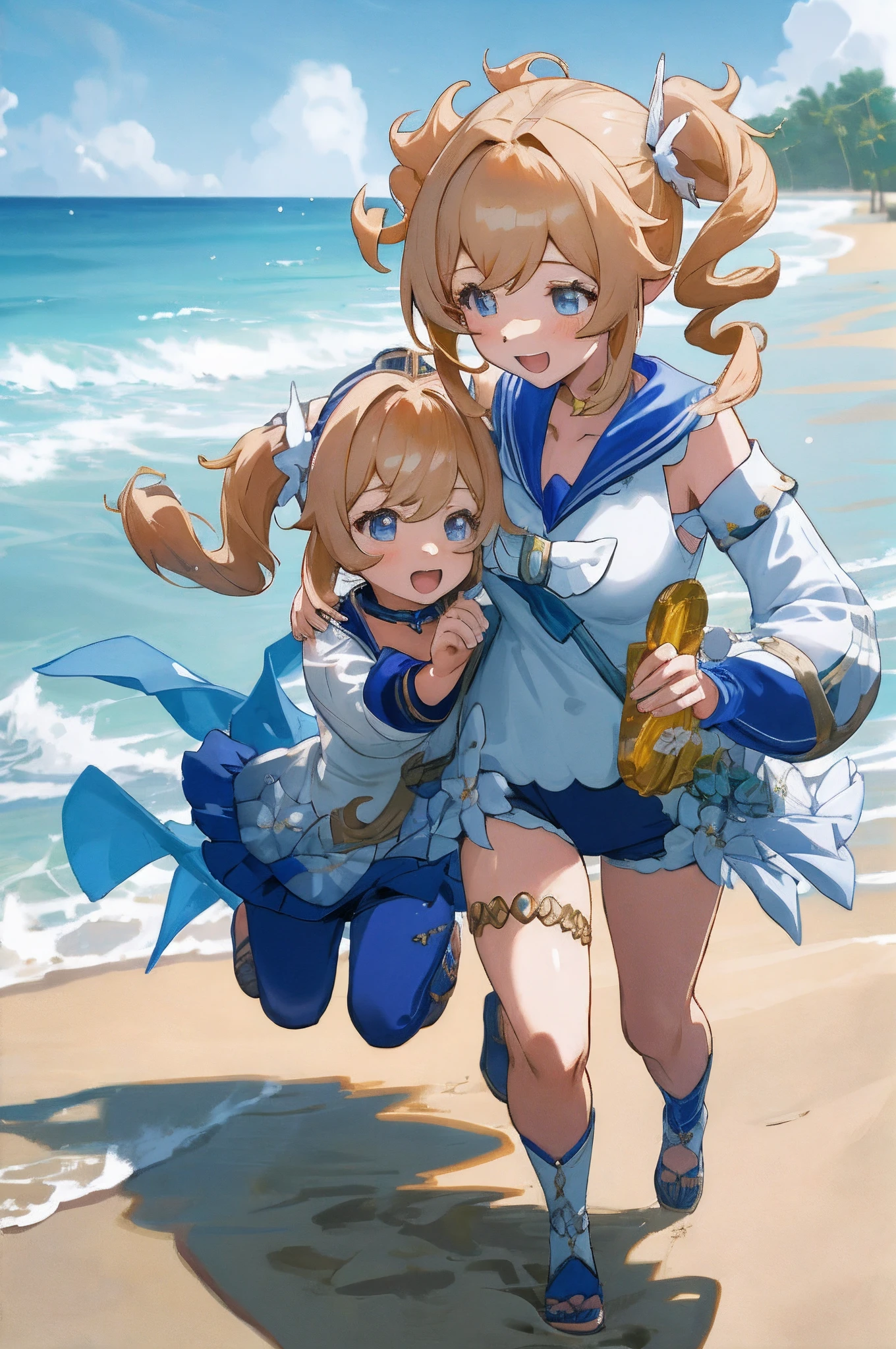 Anime images of two women，Medium hair, barbara（Genshin_impact），Two curly gold ponytails, Girl on the beach, Sea background，Anime fantasy illustration, , Genshin, two beautiful anime girls, Mother and child, cheerfulness,Very young mother,Kids running on the beach，More details