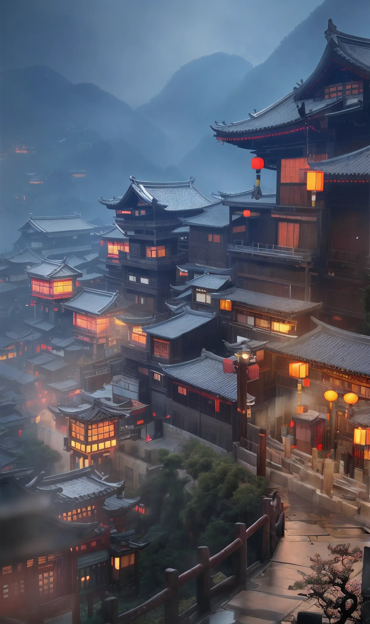 arafed view of a village with a lot of lights on the buildings, dreamy chinese town, chinese village, amazing wallpaper, japanese town, japanese village, hyper realistic photo of a town, old asian village, japanese city, by Raymond Han, rainy evening, cyberpunk chinese ancient castle, beautifully lit buildings, at evening during rain, beautiful and aesthetic, photography, cinematic, 8k, high detailed ((Heavy rain)))