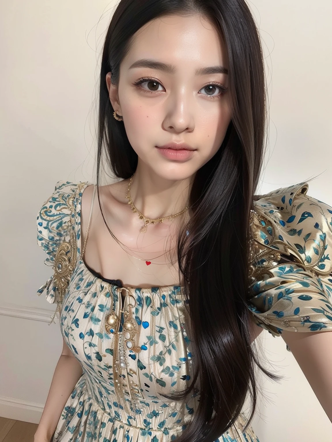 (8K分辨率,Avatar photo),(1womanl,27years old,((heart - shaped face,Wide top and narrow bottom,The forehead is wide and full,with a pointed chin,The shape of the eyes is round and full,Small open fan double eyelids,The lying silkworm was full,The tail of the eyes rose slightly,Thin upper lip,The lower lip is plump,Smooth silhouette,Delicate and perfect fingers,The jawline is clear,The eyebrows and nasal bones are high,详细的脸),shoulder-lengthhair,Scroll inward),Fair smooth skin,(Best Skin Type:1.21),(Off-the-shoulder fashion dress,Luxurious necklaces,Ultra-fine clothing material),(Deep view),(Professional lighting),((The color is uniform,(red colour,green color))),(Golden section,Hasselblad photograp,tmasterpiece:1.3),(Delicate and cute,Femininity and heroism,fashion art,trendsetting,Artis,Art platform),Bigchest
