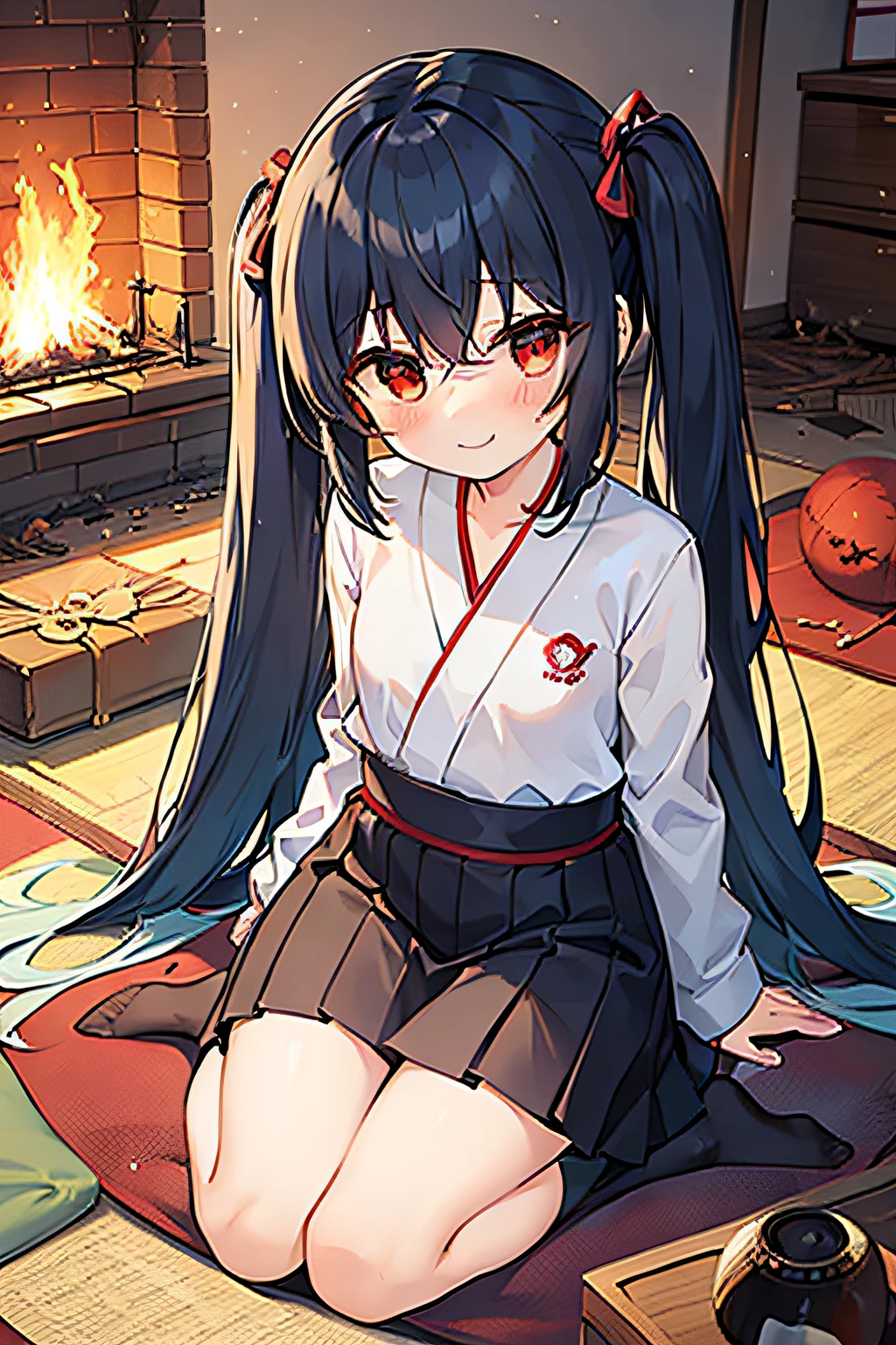masterpiece, best quality, 1girl, elementary school student, very very long hair, ((blue hair)), upside twintail, red eyes, in the japanese room, in the fire, burning room, sitting on the cushion, small smile, wearing a ukata, ((conflagration)), a ruin room, a crumbling room