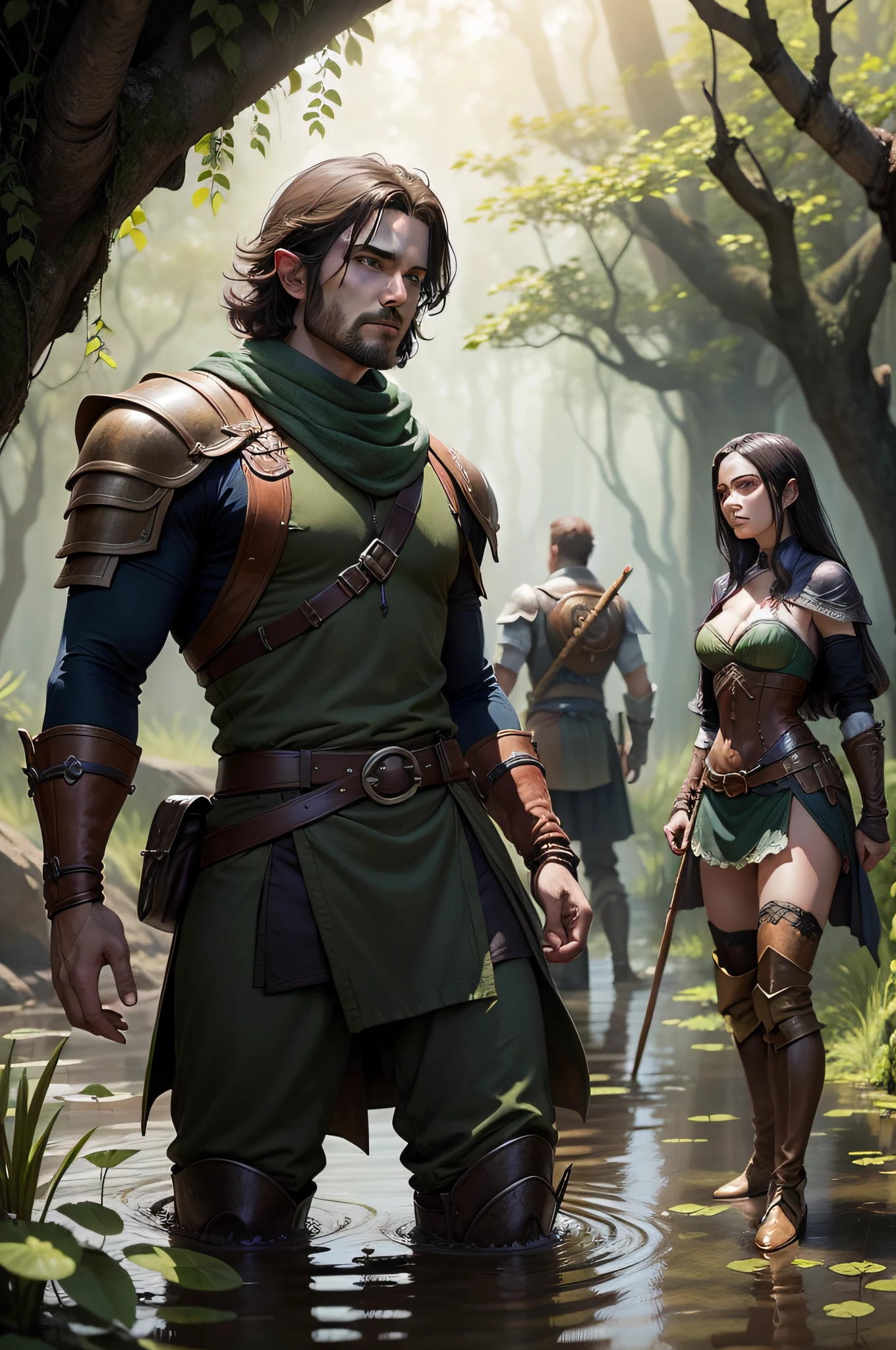 Three fantasy adventurers, three men and a woman, slogging through a swamp.