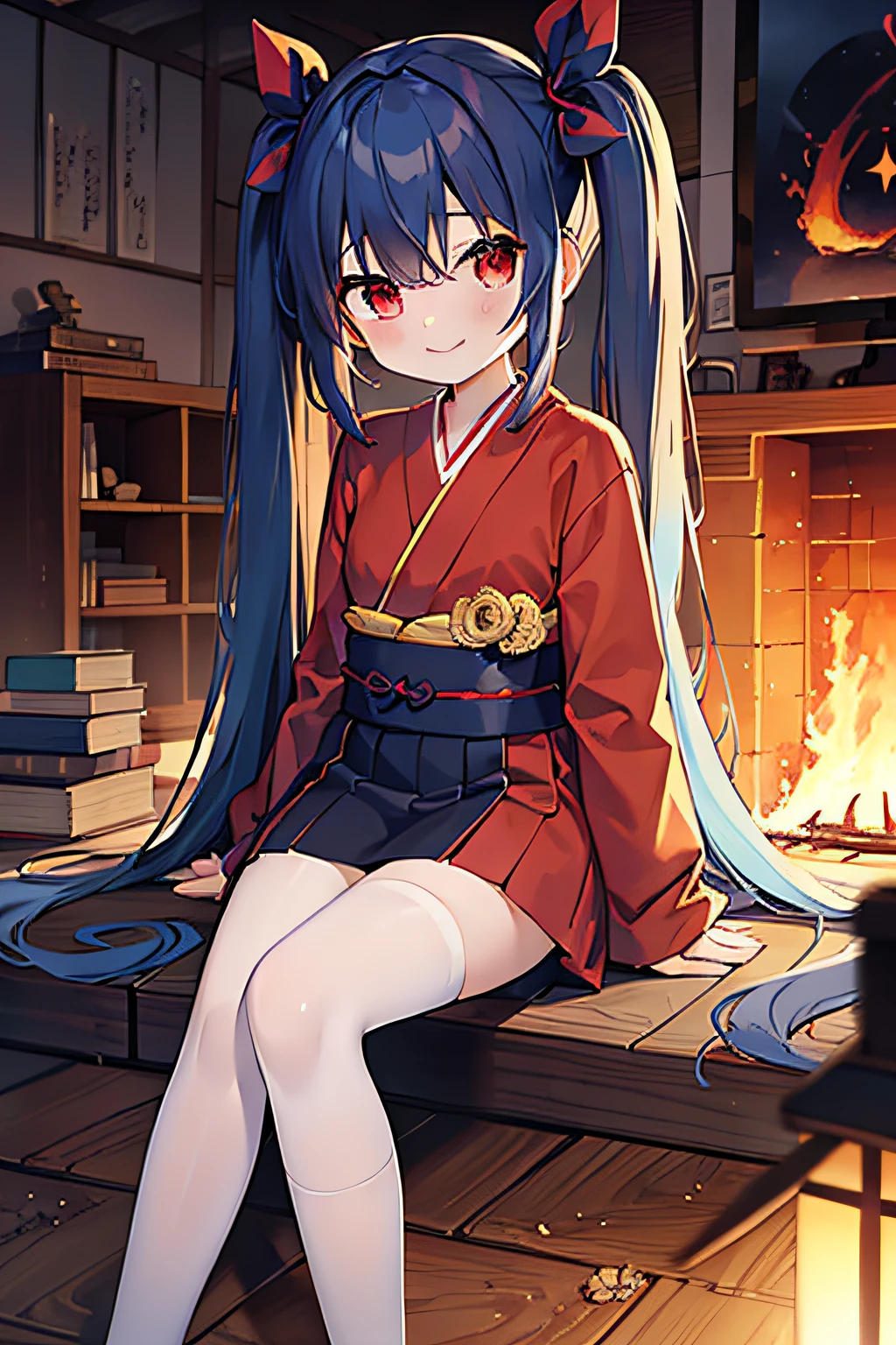 masterpiece, best quality, 1girl, elementary school student, very very long hair, ((blue hair)), upside twintail, red eyes, in the japanese room, in the fire, burning room, sitting on the cushion, small smile, wearing a ukata, ((conflagration)), a ruin room, a crumbling room
