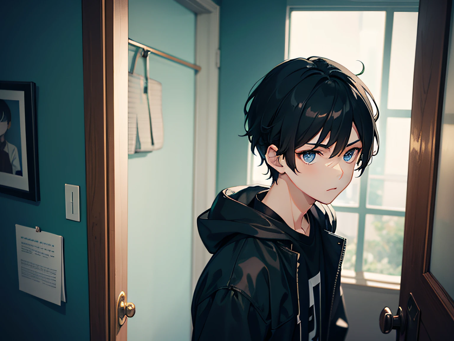 One boy looked surprised，Black color hair，blue color eyes，Handsome，Zhang had a girl next to the door inside the house，Illustration anime style，Dark 4K, hyper HD, Masterpiece