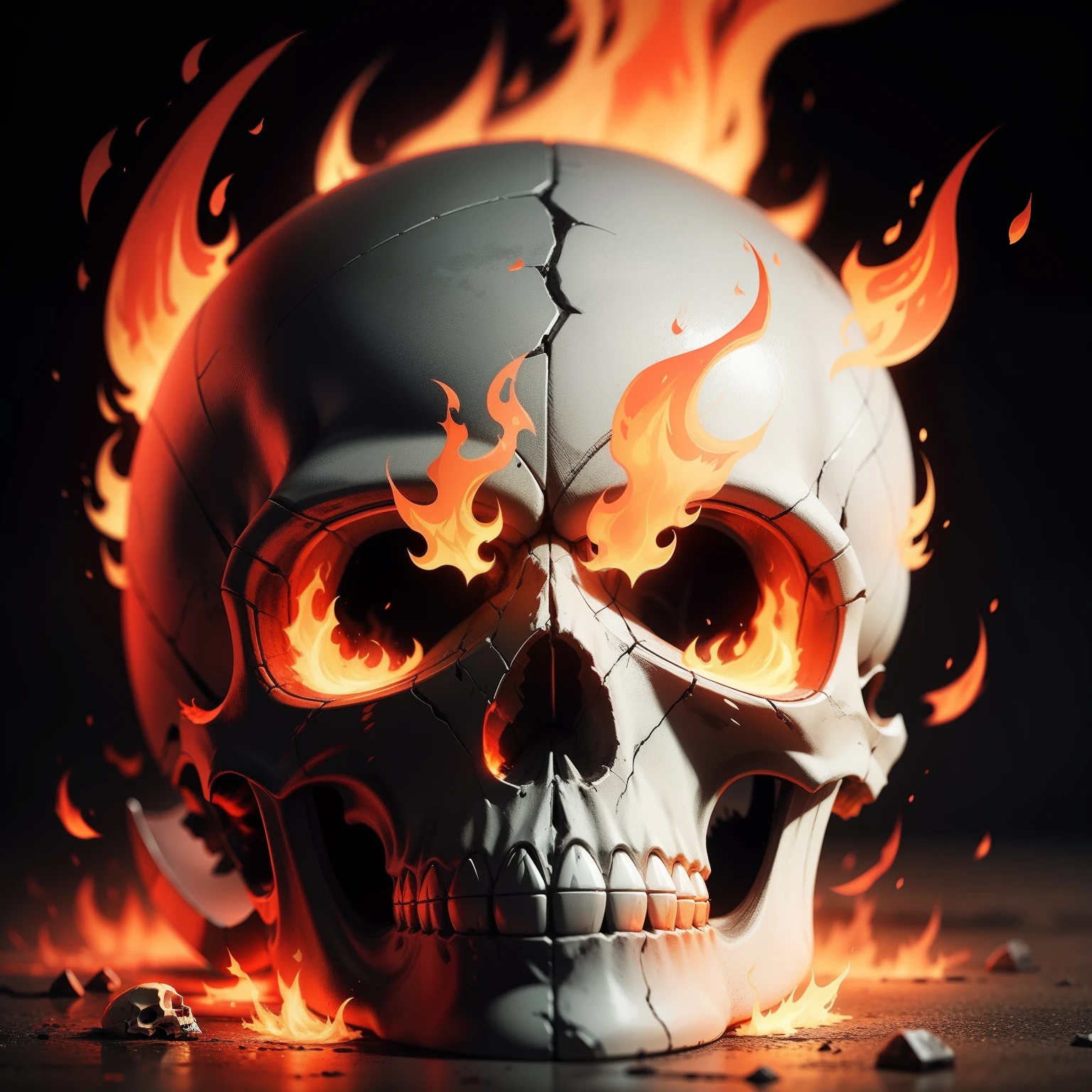 White laughing skull fully lit on fire in profile painted on a wall