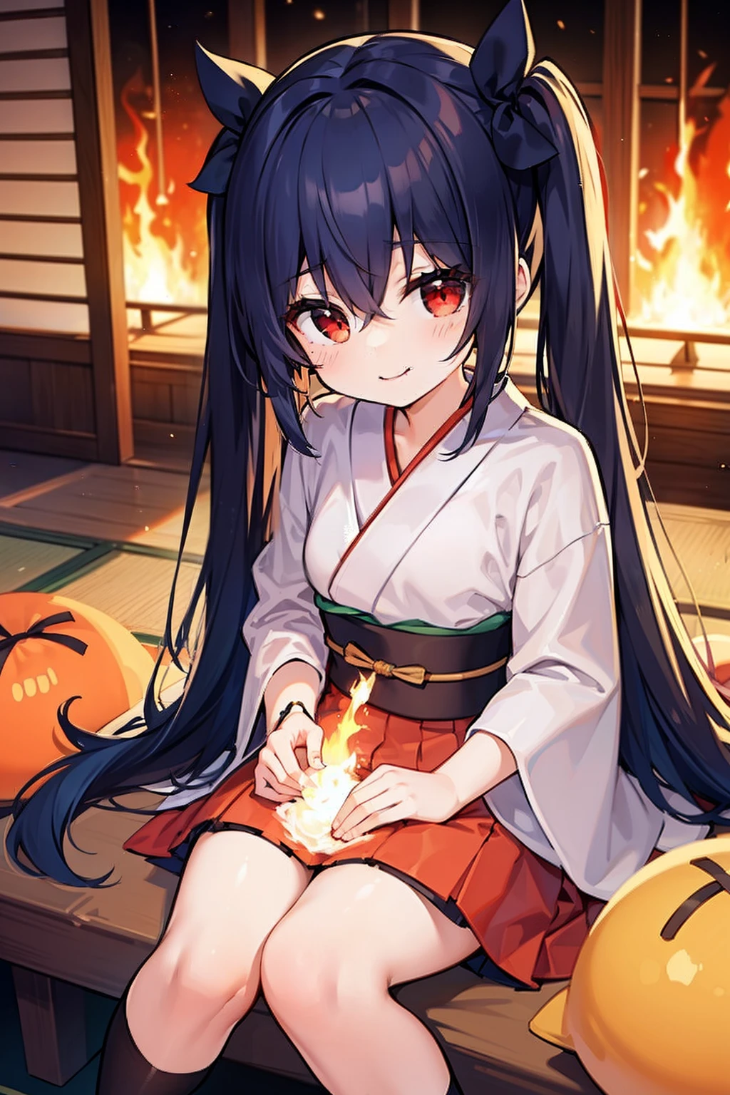 masterpiece, best quality, 1girl, elementary school student, very very long hair, ((blue hair)), upside twintail, red eyes, in the japanese room, in the fire, burning room, sitting on the cushion, smiling, wearing a ukata, ((conflagration))