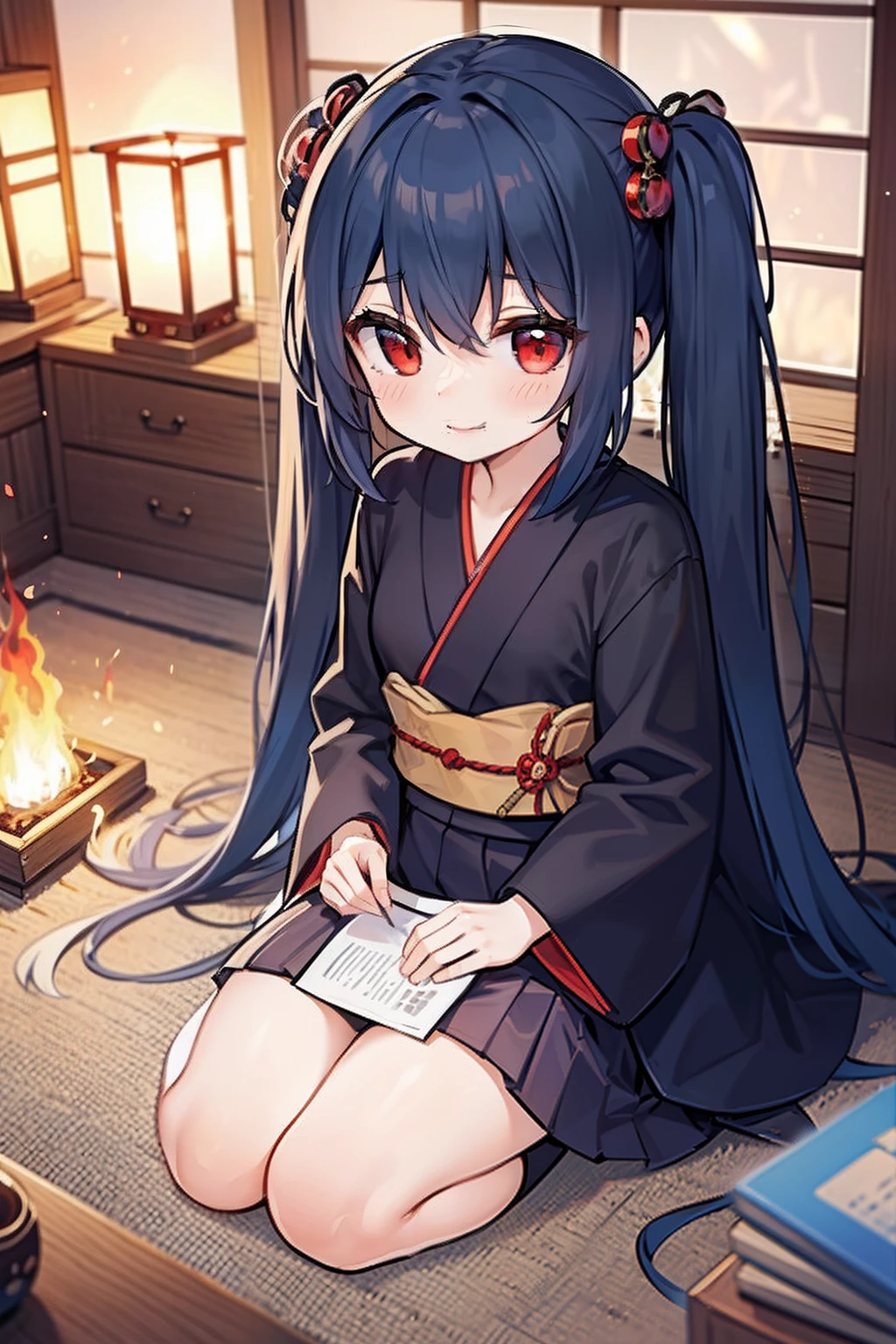 masterpiece, best quality, 1girl, very very long hair, ((blue hair)), upside twintail, red eyes, in the japanese room, in the fire, burning room, sitting on the cushion, smiling, wearing a ukata, a hair pin, ((conflagration))