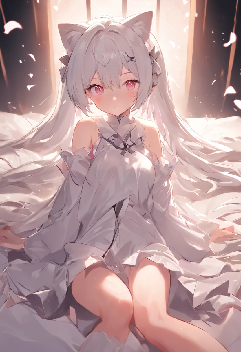 Extremely detailed CG unified 8K wallpaper、very fine 8KCG wallpaper、Anime girl sitting on big soft bed，There are cat ears on the head, white dresses!! silber hair,Redness of the pupils， cute anime waifu in a nice dress,, White-haired god, gray-haired girl, Perfect girl with white hair, Güvez on Pisif Art Station, whaite hair, Long flowing white hair，Hu Hu is a very cute face，This is a cute sweet girl，bit girl