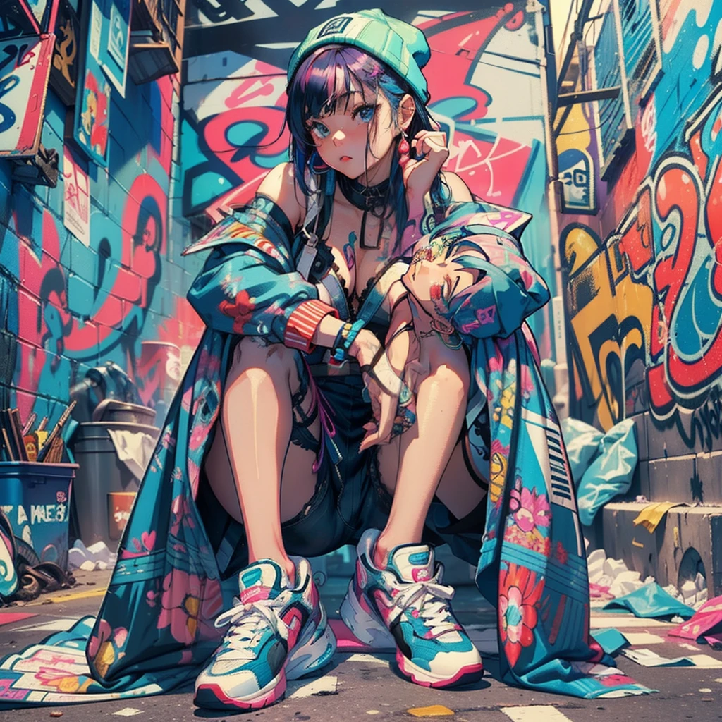 One Girl In A Back Alley、(Super Detail)、(8K)、((Hip Hop Fashion))、(full body Esbian)、(Fashion of the 90s)、(Brilliant limbs)、(Delicately drawn figures)、(Back alley decorated with graffiti)、tobacco、(Women's Fashion)、(Colorful and pop design)、(Around the back alley)、(Iconic art and posters of the 90s)、(Middle Finger)、Female facial expressions、(the pose)、(Spirit of the times)