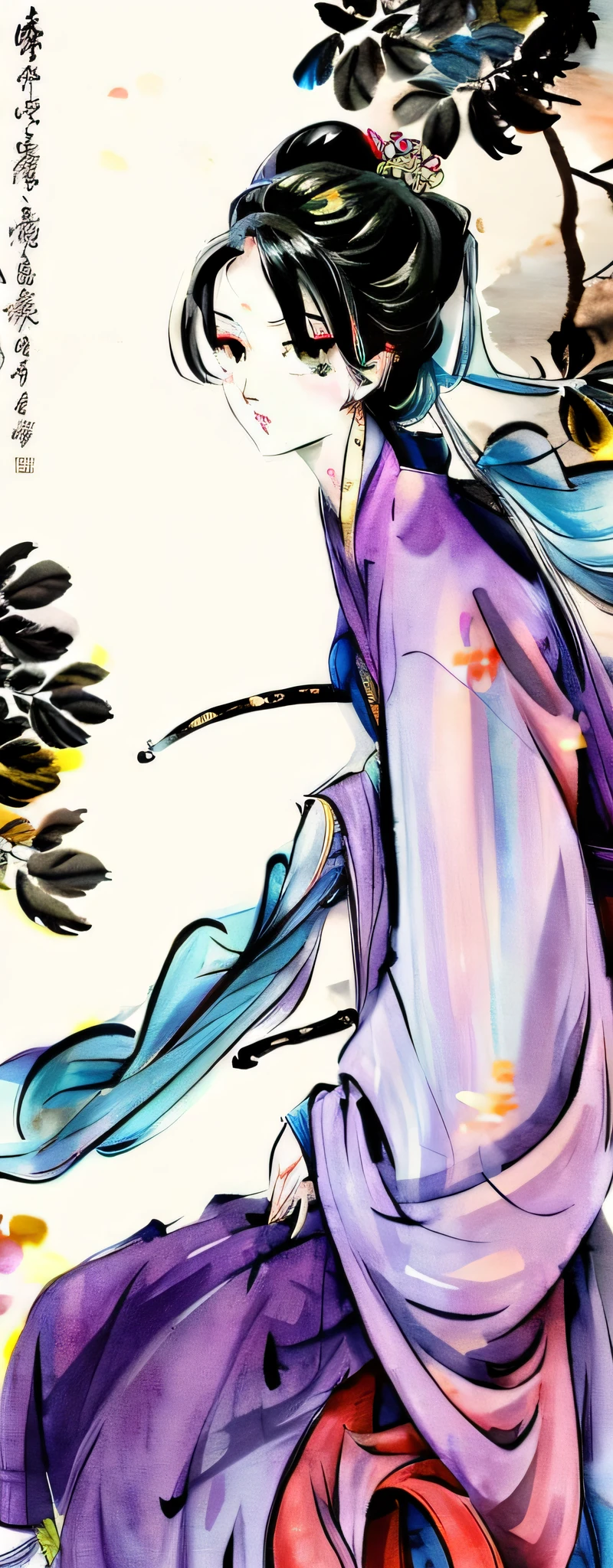 ((in 8K、​masterpiece、top-quality))、((Traditional Chinese Ink Painting))、Beautiful Guanyin Bodhisattva is meditating 、((Full body like))、Facing the front、((symmetry))、I'm wearing a yukata、She wears a large cloth robe up to the soles of her feet..Barefoot、Do not expose your thighs、With a gentle monotone color scheme、softfocus、Grape leaves on background