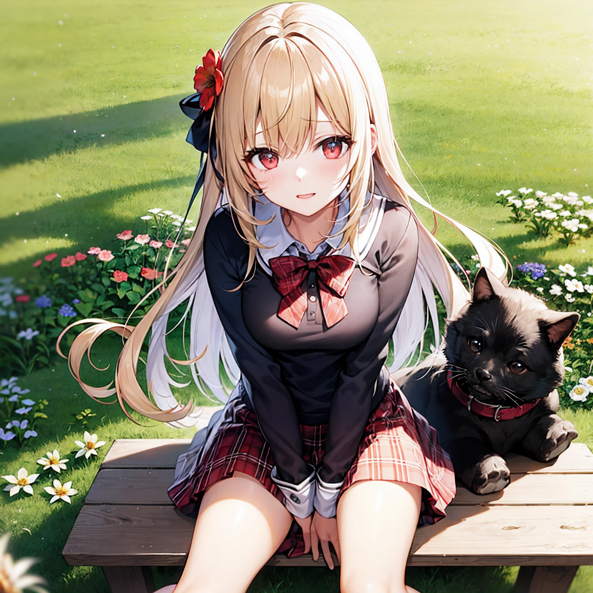 a blond、bow ribbon、red eyes、Beautiful girl alone、a miniskirt、flower field、Sitting