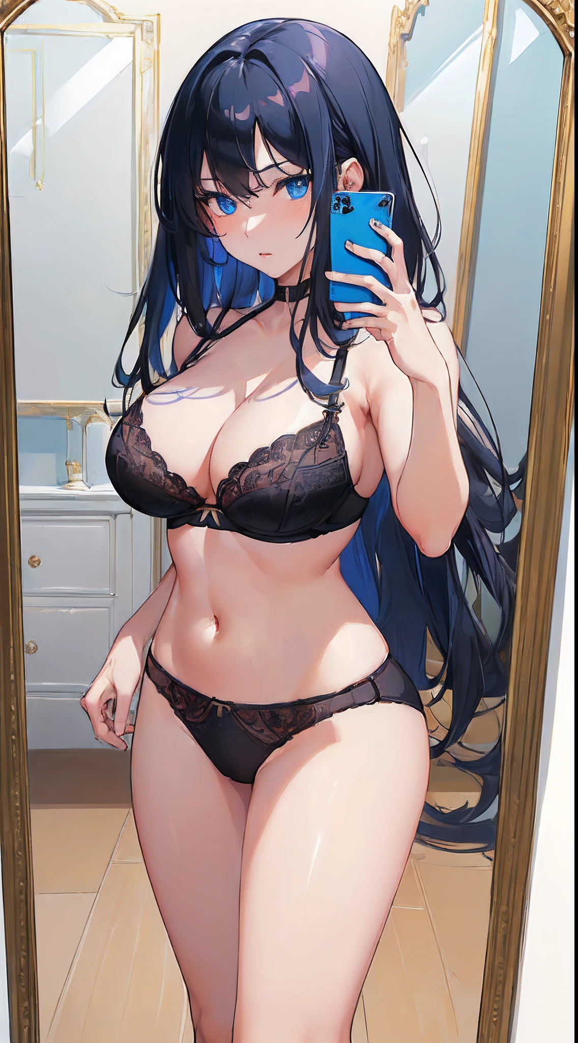 (((Clean, Masterpiece, Best quality, highly detailed, Professional, HD,HDR,UHD,16K))), 1young_woman, (solo), mature and sexy, (big breasts:1.2), black long hair, straight hair, bangs, expressive eyes, seductive eyes, (blue eyes:1.5), (black bra top), (black panties), (mirror selfie:1.4), (holding a phone:1.3), bedroom