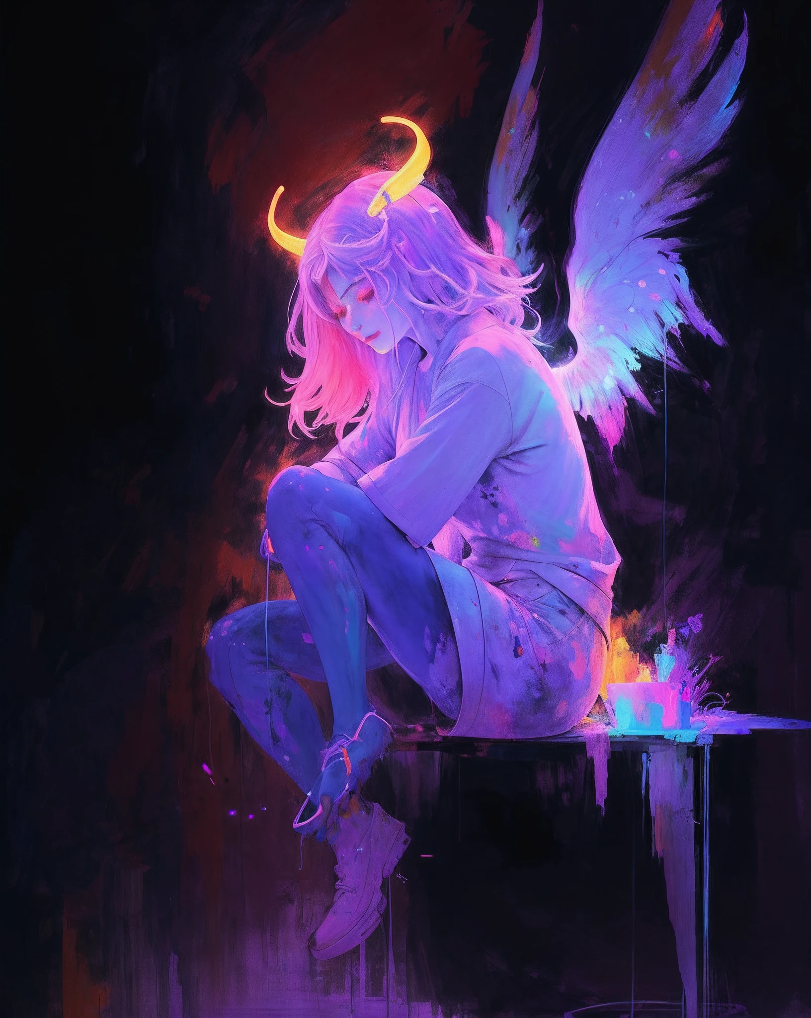 《The painting on the surface remains intact》Neon rays、ultra-detailliert、Fairy Lighting、Photorealsitic、bright colour、Light dose、Made in HDR 、Body frame edged with colorful neon wires、Gives a fantastic effect