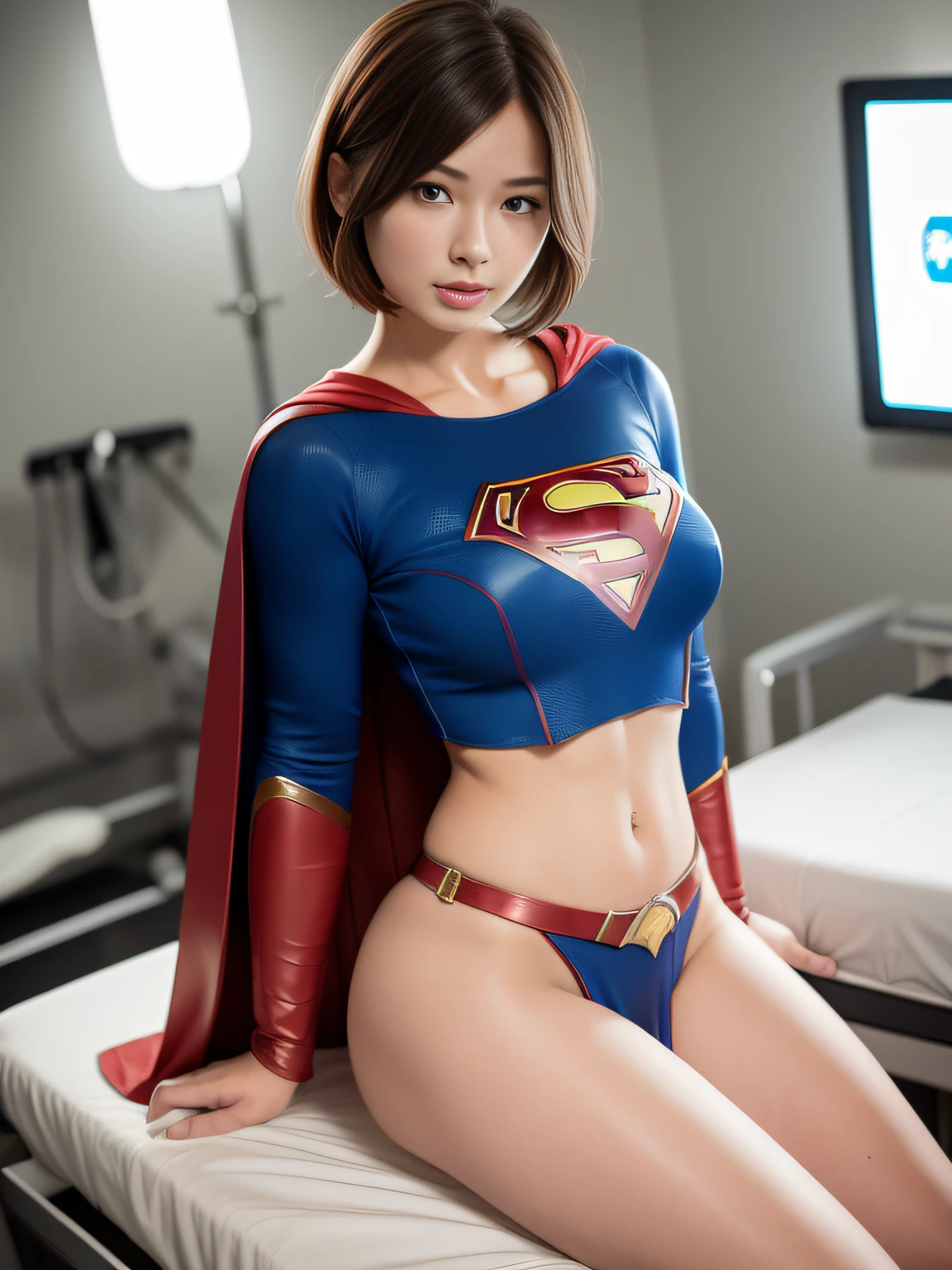 ​masterpiece,Supergirl Costume, short-hair, bare-legged, large full breasts,surgery room、Operating table、straddle、depraved、shiny、Looking at the camera、seduces、estrus、Cowgirl、Trance、Fayue、enjoyment