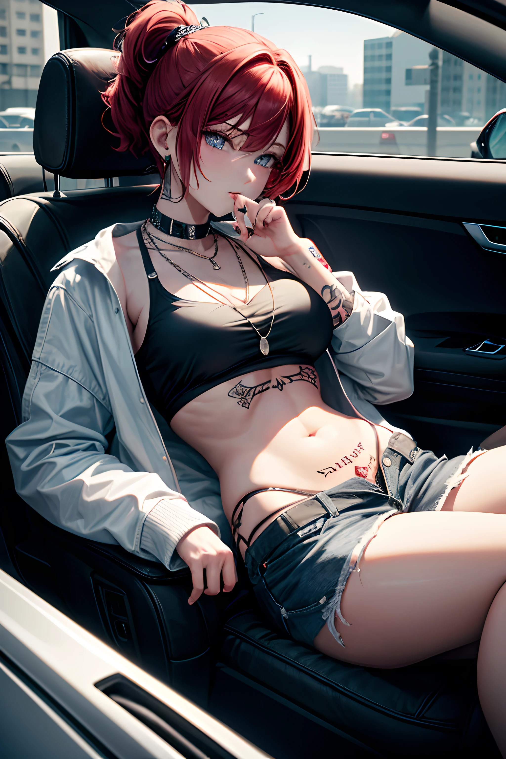 Night, Night, midnight, night,1 girl, solo, only one girl ,Short hair, red hair, short ponytail, blue eyes, necklace, piercings, hand tattoo, short vans, crop top, belly Tattoo, Big breasts, Tattoo on the stomach, In the car, driving a car, traffic lights, white jacket, In the car, in the car, driving the car, driving the car
