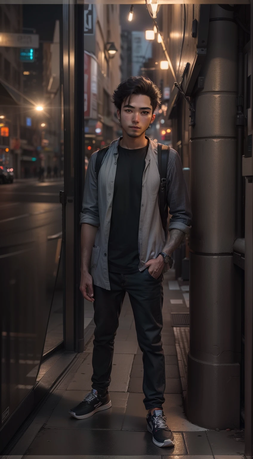 RAW photo, a portrait photo of 25 y.o man in casual clothes, night, city street, (high detailed skin:1.2), 8k uhd, dslr, soft lighting, high quality, film grain, Fujifilm XT3