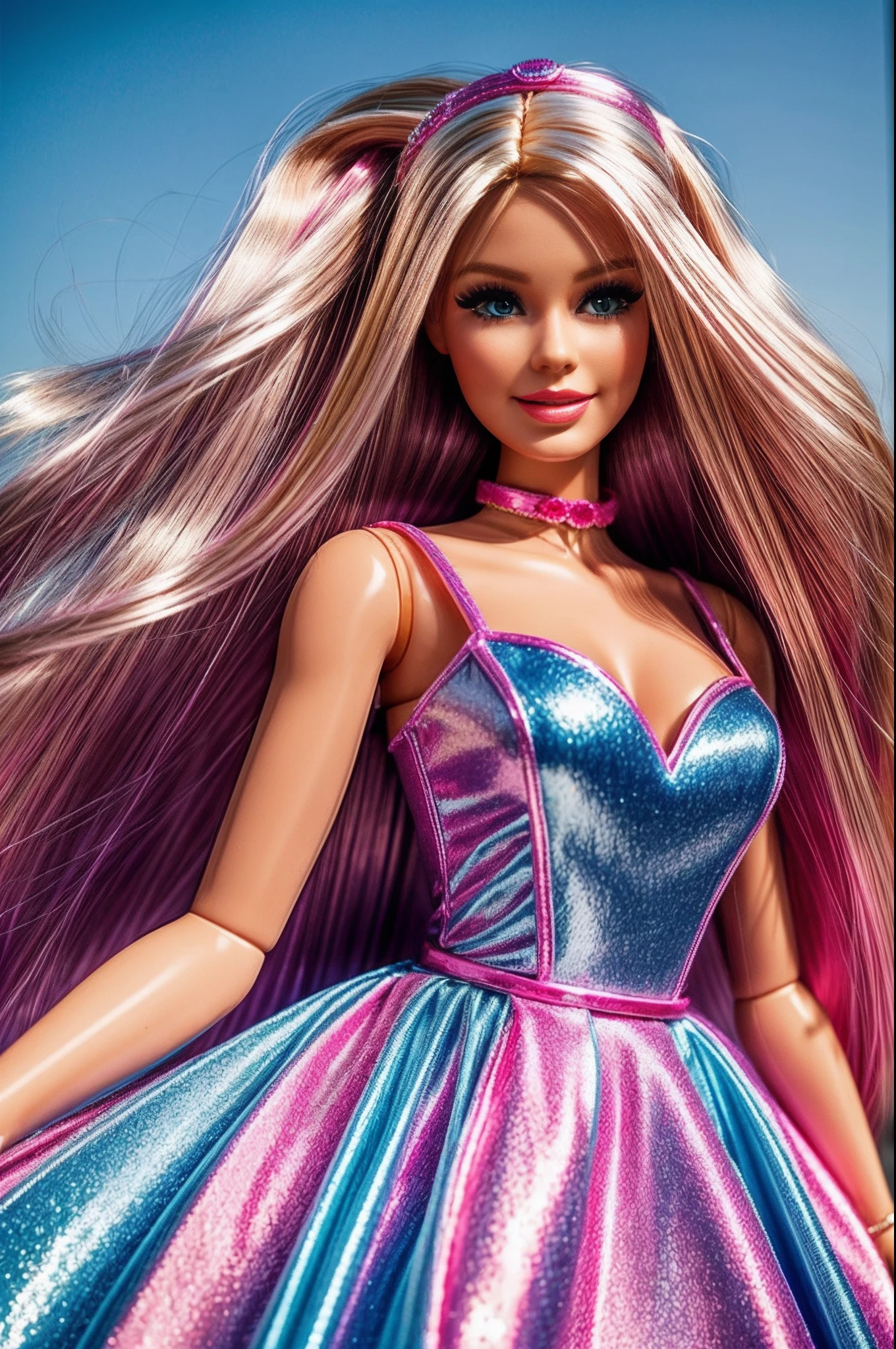 "Barbie doll, long blonde hair, big blue eyes, pink couture dress, vibrant colors, nostalgic 90s theme, fun pose, glamorous fashion, shiny hair, shiny accessories, dreamy background, cheerful expression"