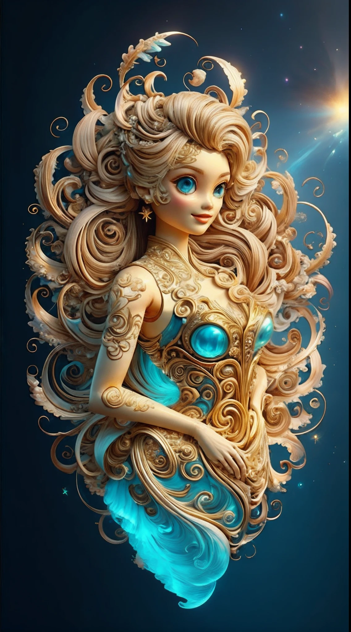 ((best qualtiy)), ((tmasterpiece)), ((Realistis)),((Barbie )),sportrait, Um ser celestial, light particules, Halo, looking at viewert, Firm eyes, exposed bare shoulders, Chest tube parietal, (Bio-luminescence:0.9 Girls 5)the ocean, Bio-luminescence, Full of energy, vibrant with colors,,,,, colours, (Bio-luminescence, Bio-luminescence), (美丽的构图), 电影灯光, A wheel within a wheel, whimsically,