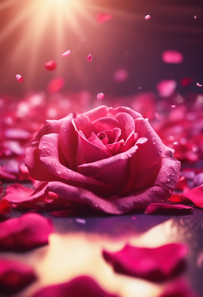 Rose petals floating in the air,Cinematic light effects