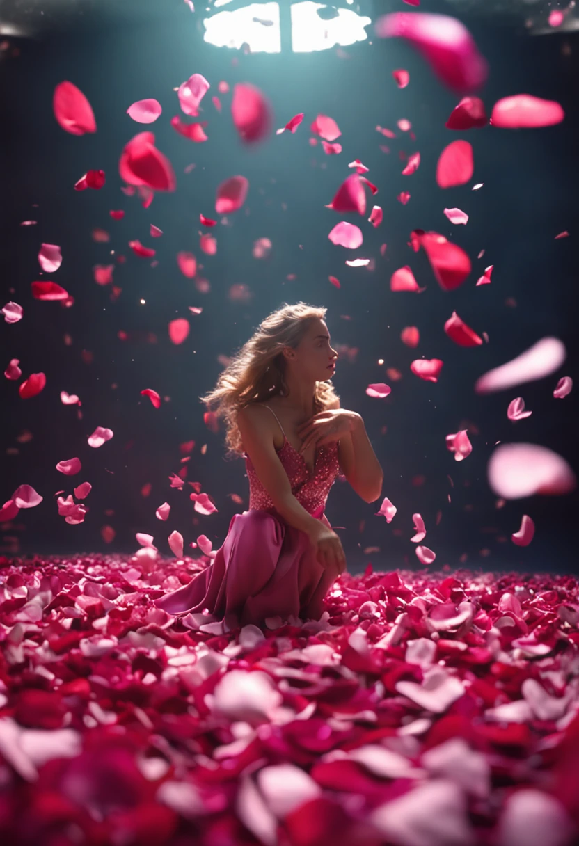 Rose petals floating in the air,Cinematic light effects