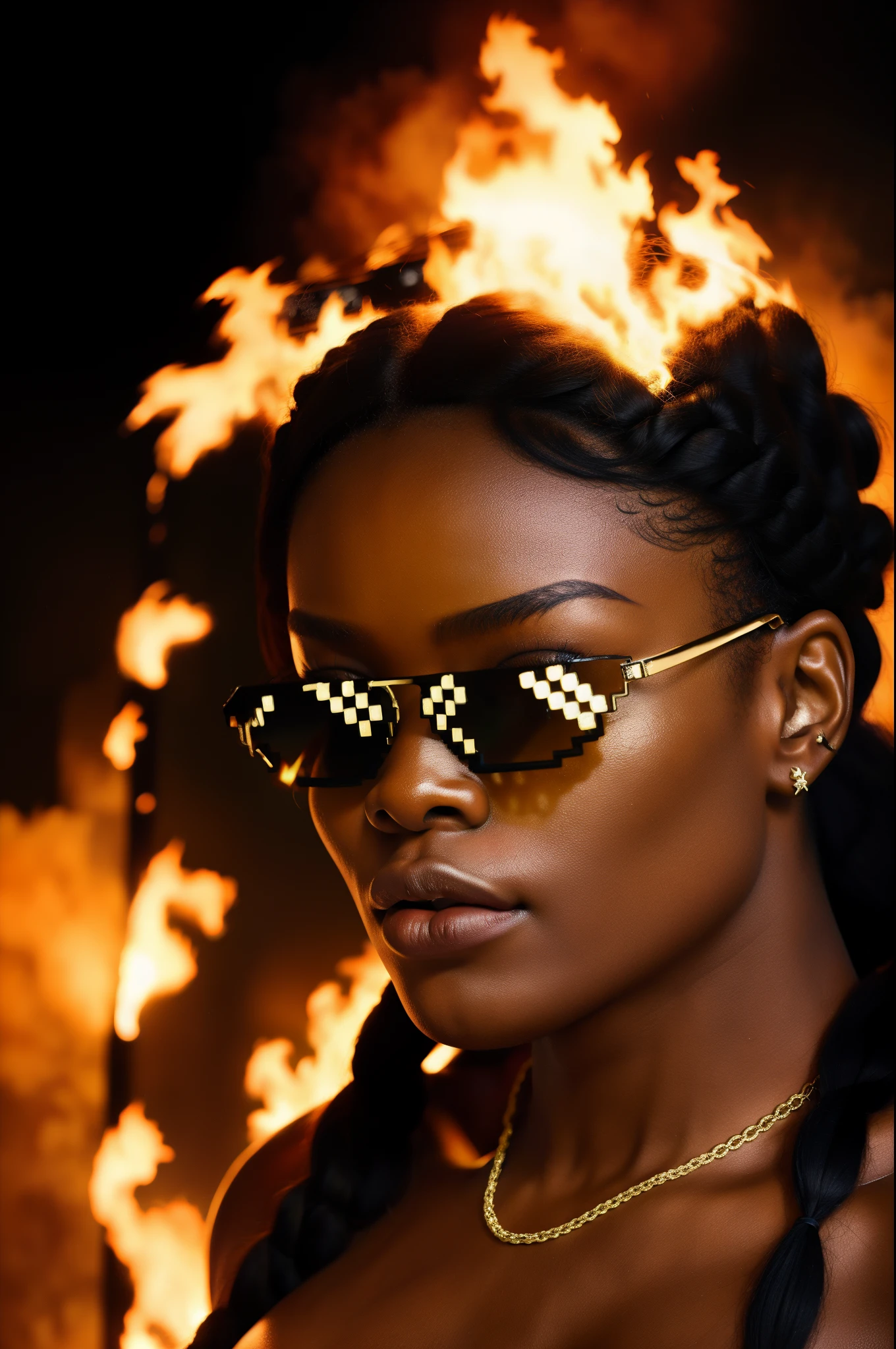 action shot fire queen jamaican female she is buring warpped in flames buring strands of hair braids as she badass swagger as she nonchalant flex her sunglasses DealWithIt