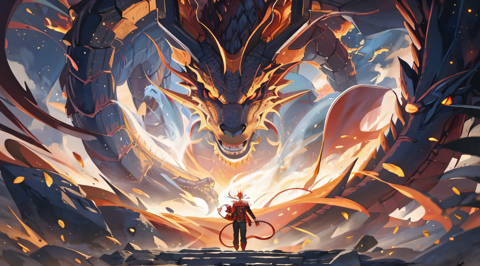 Robot facing dragon,Hold an energy shield to fend off the flames spewed by the dragon,gold light,Red karmic fire,A dragon