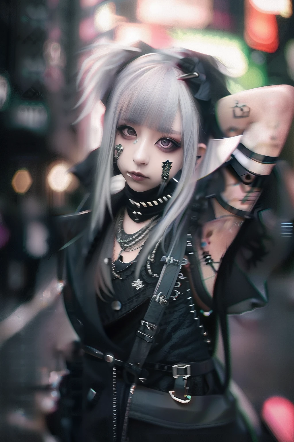 goth_punk, 1girl, solo, medium shot, walking in harajuku, ((night time)), bokeh, neon light, iridescent eyes, starry sky, white shimmer hair, white eyebrow, glowing hair, (iridescent white hair), earrings, bangs, jewelry, mask, blunt bangs, green eyes, mouth mask, blurry background, blurry, hair ornament, looking at viewer, short hair, portrait, sidelocks