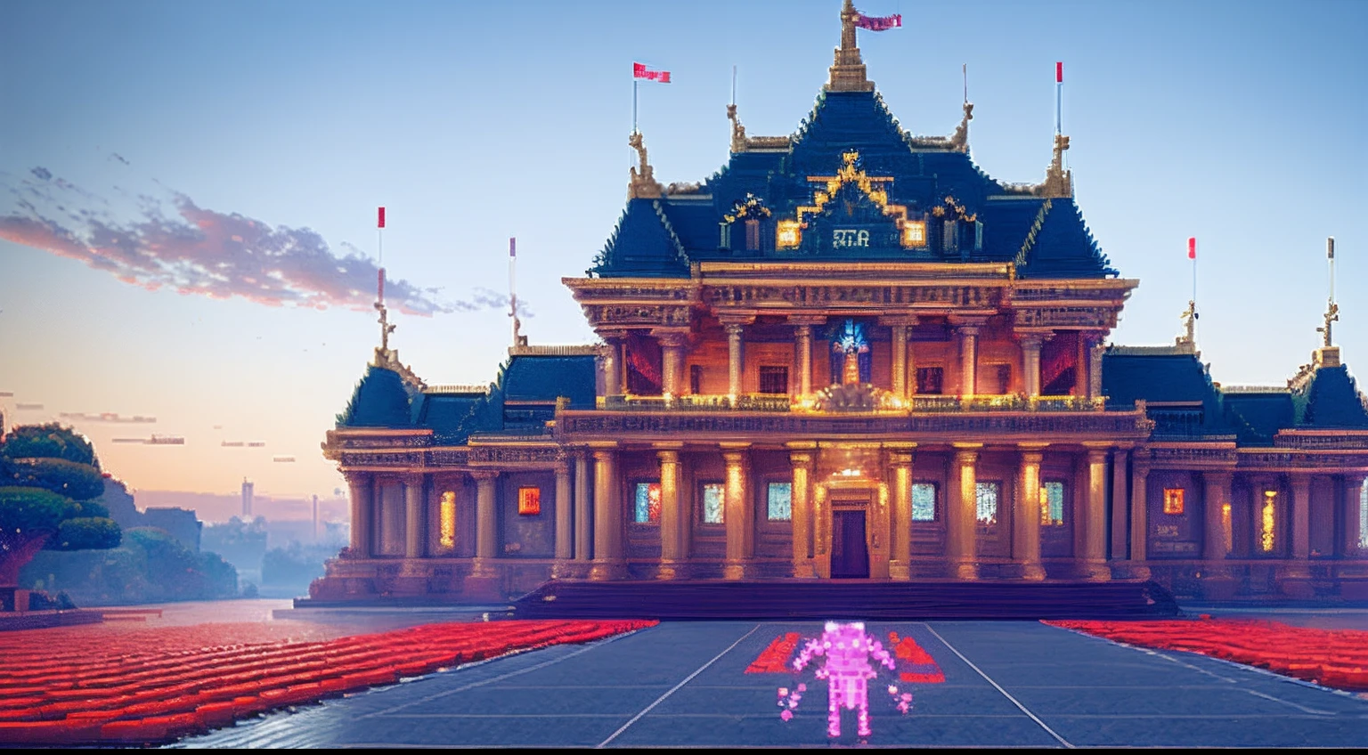 pixel game,scenography,fantastical scenes,Red Moon,Space Opera House,levitating, Pixel art #pixelart