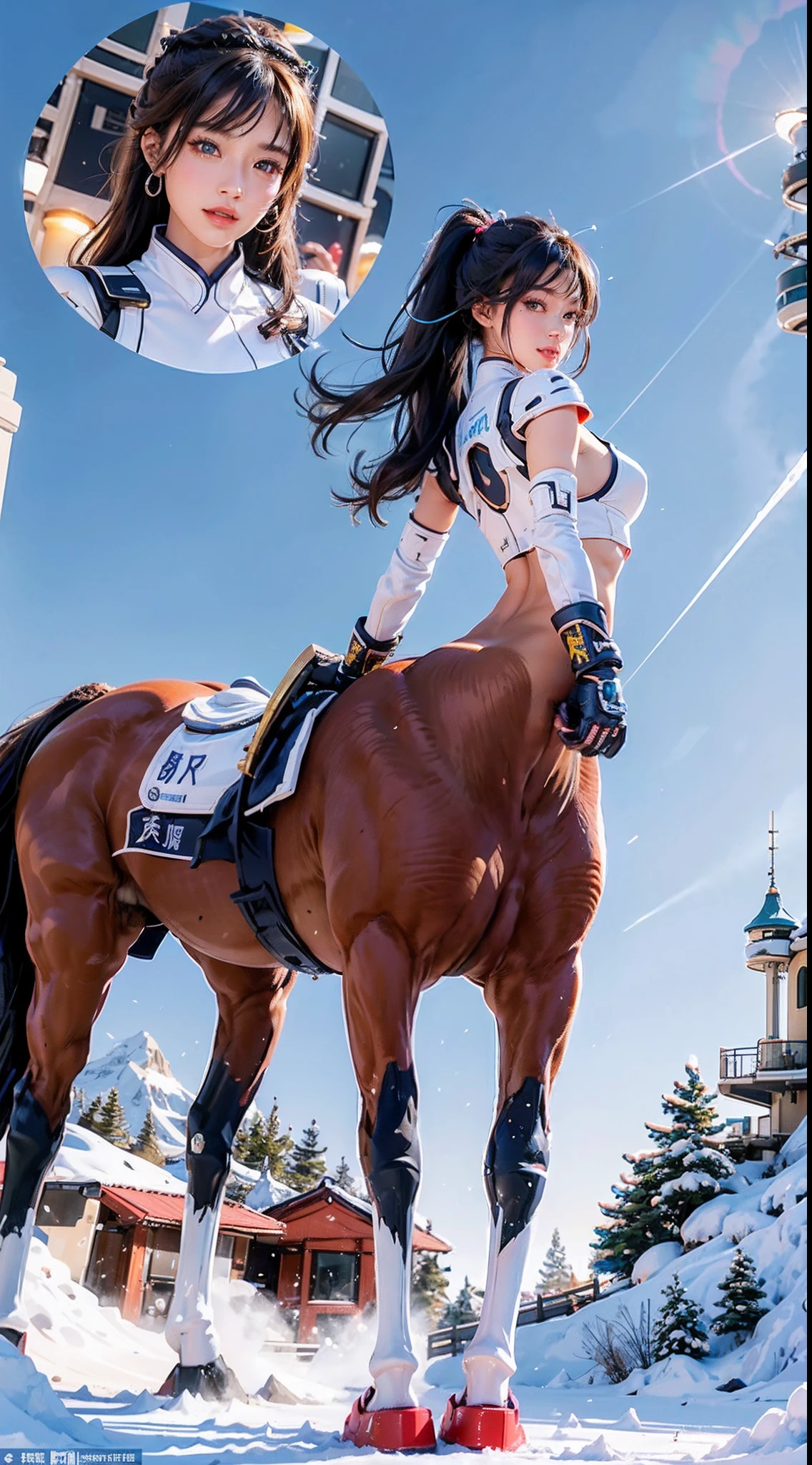 In a very grand scene,The extra-large wide-angle lens captures the appearance of a female centaur。She is tall,It has the ultimate curvy beauty,The muscles are slender and firm,Beautiful lines。Her facial features are tough and coquettish,Always with a sunny smile。She wears special tight-fitting equipment with a strong sense of technology,Step on multifunctional off-road style heels,Delicate and practical protective gear is worn on the hands, feet, wrists, neck and shoulders。The detection equipment around you flashes various cue lights and neon-like information screens,Let her exude a charming brilliance。Use Midjourney's advanced tools,Design special tight-fitting equipment for female centaurs,Highlight her unique physiological characteristics and appearance details,Add realism。And in her adventure scene,Spectacular views of nature,Such as the sky where storms and sunny days alternate、Brilliant rivers of stars and auroras、The snow-capped summit of Mount Everest、Fireworks in the mountain town, etc。ao mesmo tempo,Away from the hustle and bustle of Long Beach Pier is a neon-lit spaceship docked,Create a fantastic scene。Use Midjourney's advanced tools and multiple color palettes、Brush Strokes、Texture tools and model packages,It shows a sense of atmosphere where beauty and charm coexist。The charm of the female centaur is highlighted through color and lines,Enhance realism with detailing,Create a surreal dreamy feeling。Additionally,Use Midjourney's tools to add a variety of extreme sports gear and cultural trinkets to the female centaur,Create intricate hairstyles and outfits,Give her a sense of premium。She never flinches,Regardless of the terrain,can respond quickly,Even the extreme geography and dangerous terrain of aliens cannot stop her。Use Midjourney's powerful tools,You can do it with incredible detail and beauty,Bring this ultra-grand and beautiful scene to life。Ultra-grand scenes,super wide shot, hdr,(真实感,Masterpiece quality,best qualtiy),