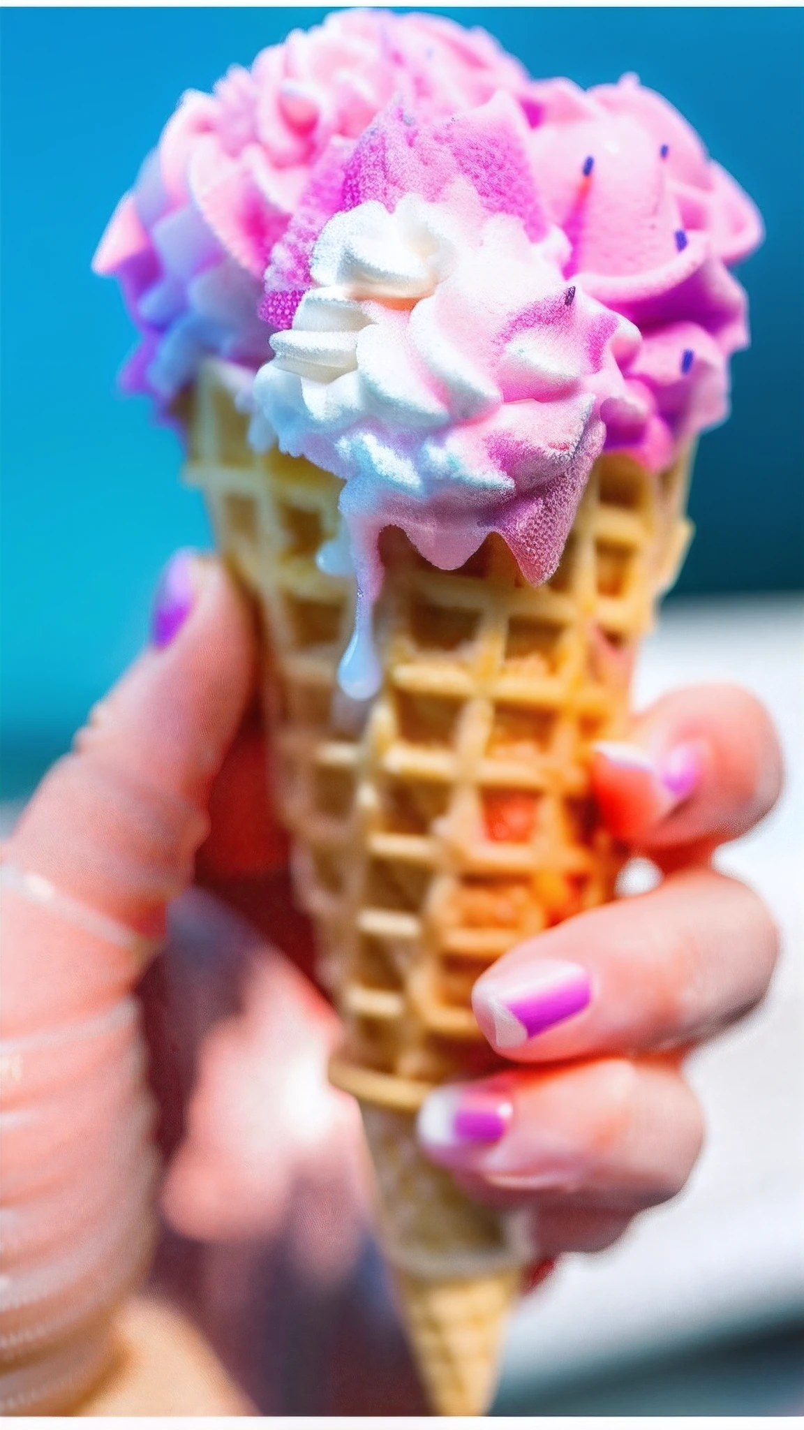 a person holding an ice cream cone in their hand, strawberry ice cream, ice cream cone, ice cream, ice cream cones, ice cream on the side, eating ice - cream, award winning food photo, cone shaped, dessert, award winning food photography, ice! cream! truck!, blue waffle cone, cone, eating ice cream, mountains of ice cream