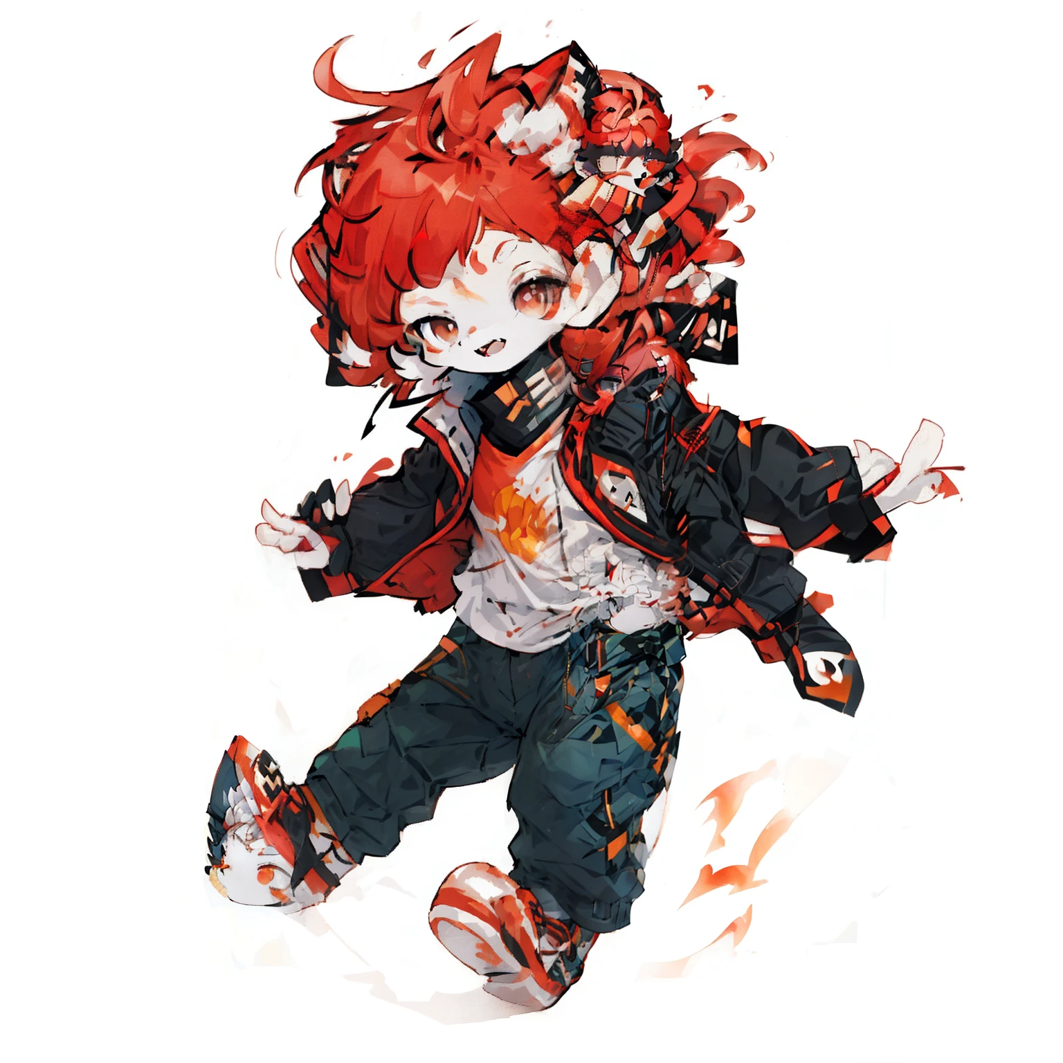 There is a painting of a girl with red hair and a jacket, ,Fire!! full bodyesbian, full bodyesbian, Red hair anime girl, Grin happily, with curly red hair, A small braid