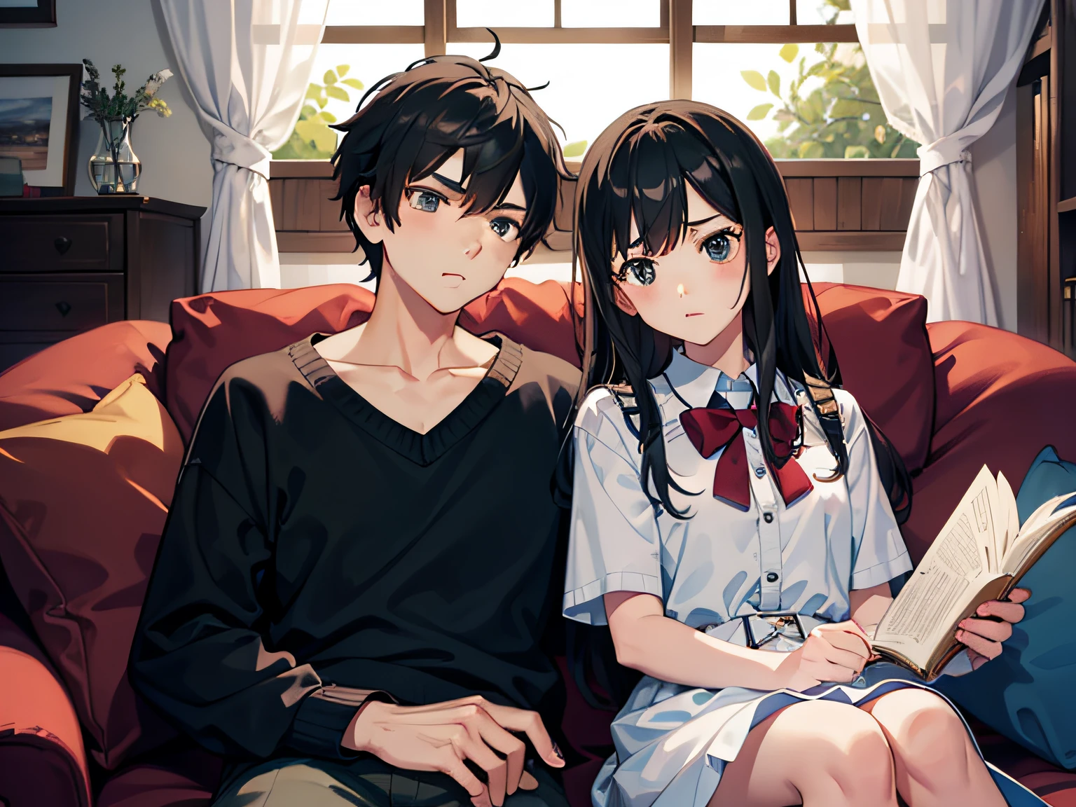 A boy and girl look indifferent on the couch