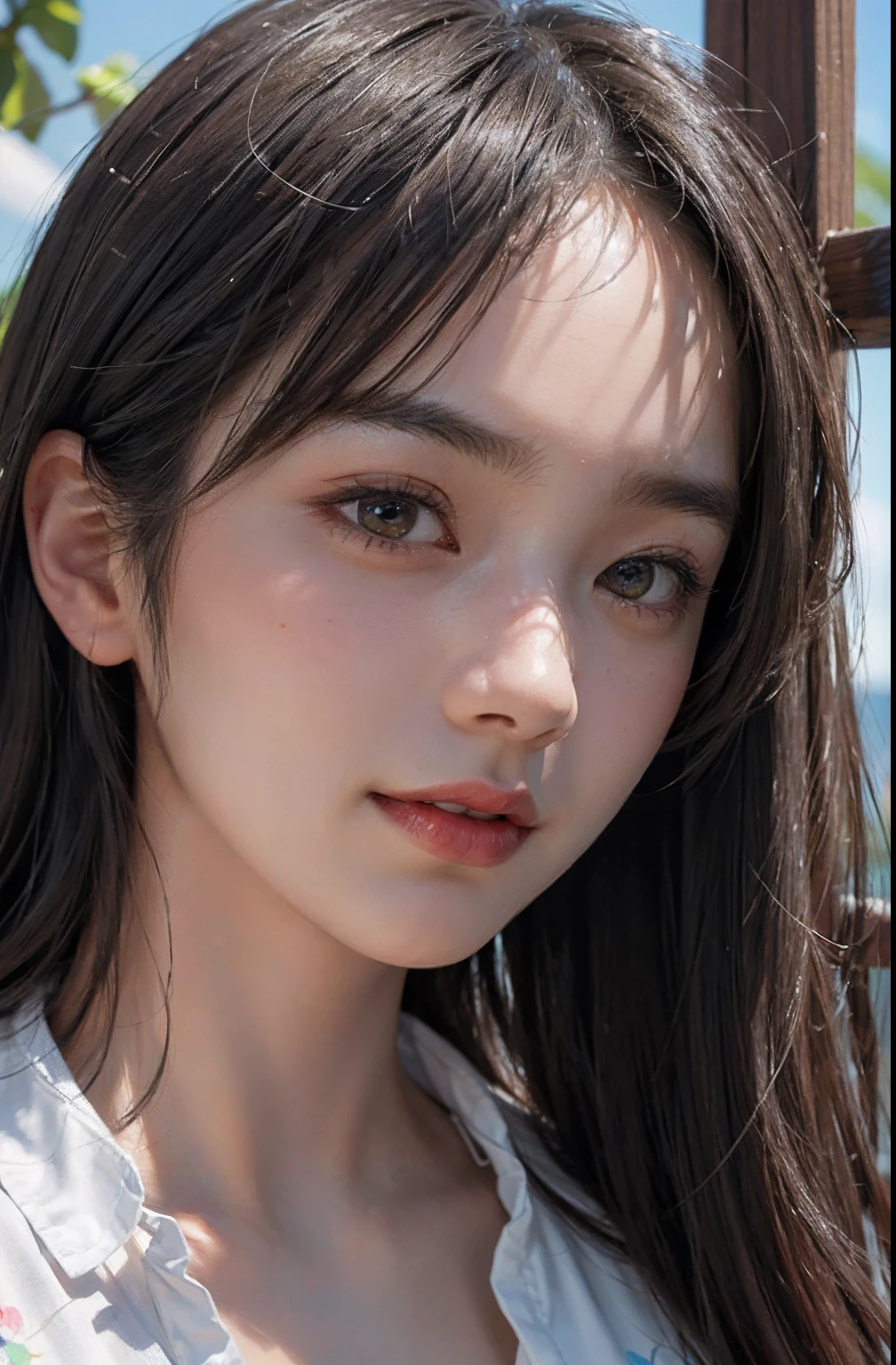 (A hyper-realistic), (illustratio), (hight resolution), (8K), (ighly detailed), (The best illustrations), (beatiful detailed eyes), (top-quality), (ultra-detailliert), (​masterpiece), (wall-paper), (detailed face), droopy eyes,full of sweat, full body, long legs , middle-hair,inner colored,solo,Girl in simple white underwear, japanes, Colossal tits、A smile, sunset background