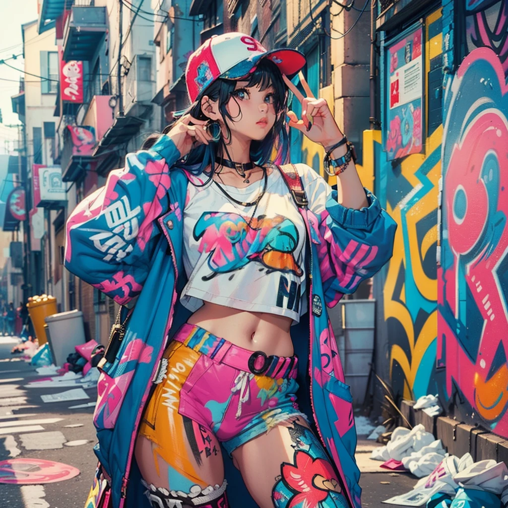 One Girl In A Back Alley、(Super Detail)、(8K)、((Hip Hop Fashion))、(full body Esbian)、(Fashion of the 90s)、(Brilliant limbs)、(Delicately drawn figures)、(Back alley decorated with graffiti)、tobacco、(Women's Fashion)、(Colorful and pop design)、(Around the back alley)、(Iconic art and posters of the 90s)、(Middle Finger)、Female facial expressions、(the pose)、(Spirit of the times)